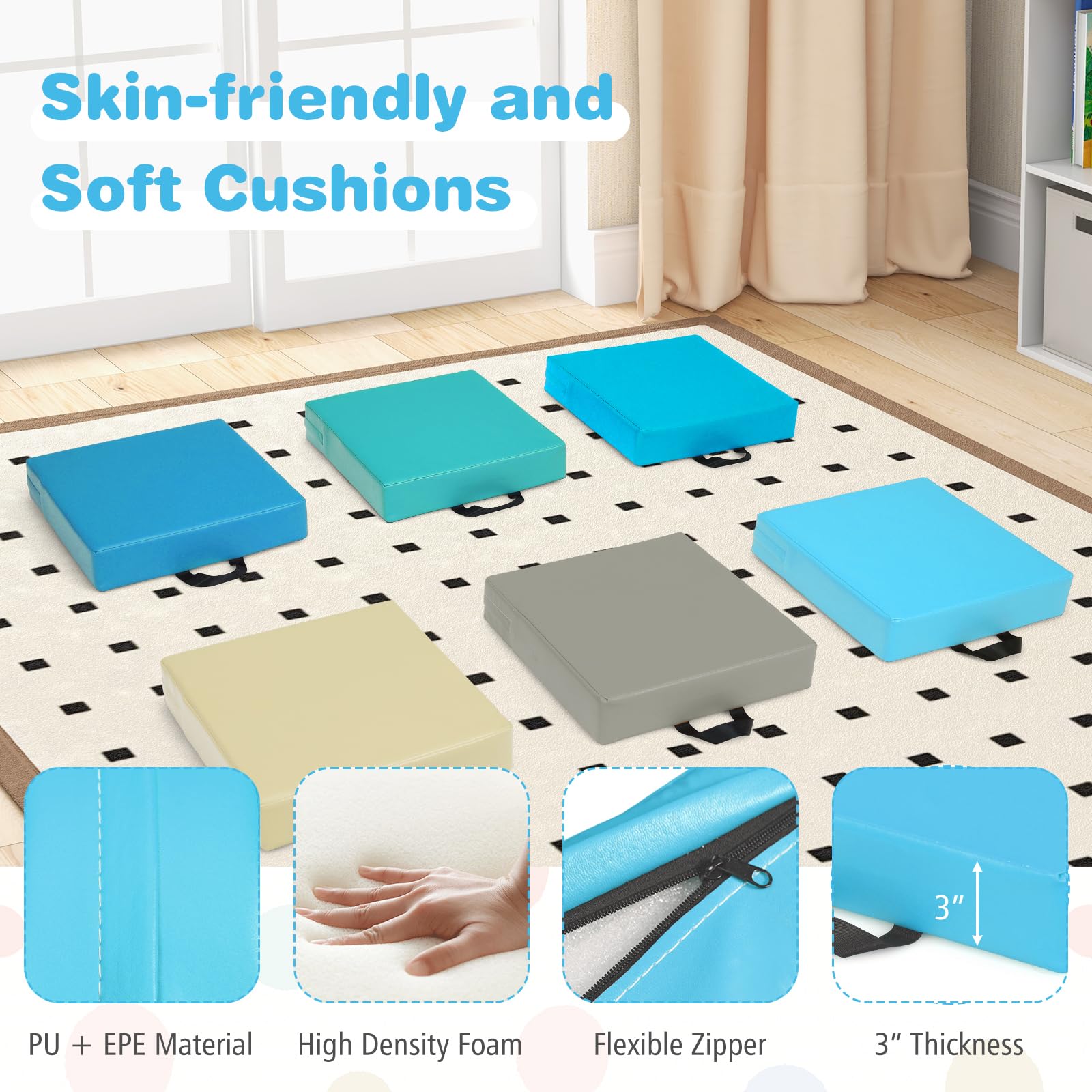 6-Pack 15 Inch Square Floor Cushions For Kids – 3 Inch Thick, Waterproof PU Cover, Classroom Seating