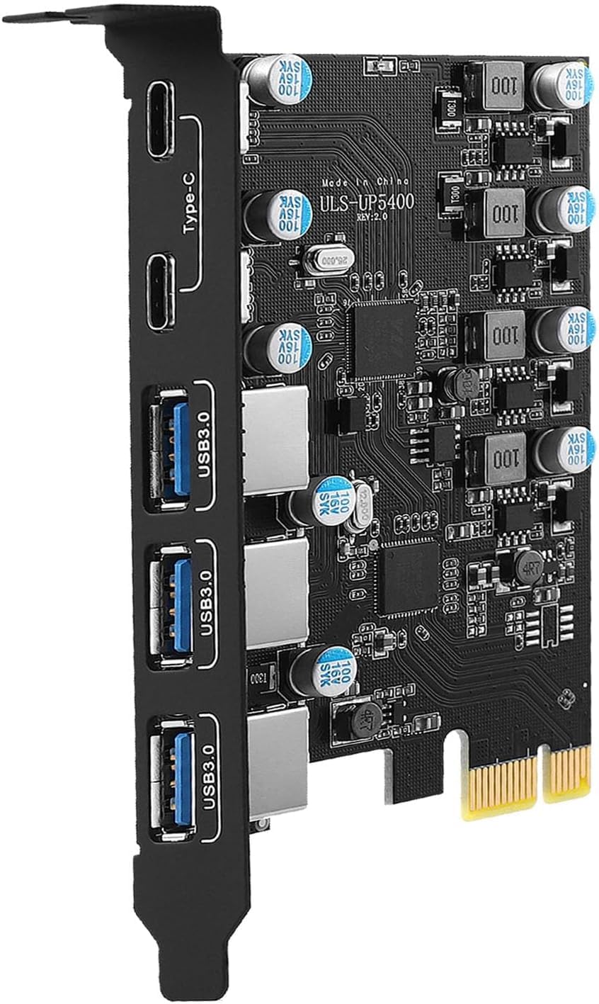 Karta USB C PCIe 5 portów, zasilacz 25 W, karta rozszerzeń USB 3.0 5 Gb/s PCI Express (3 porty typu A i 2 typu C), szybkie ładowanie dla komputerów stacjonarnych
