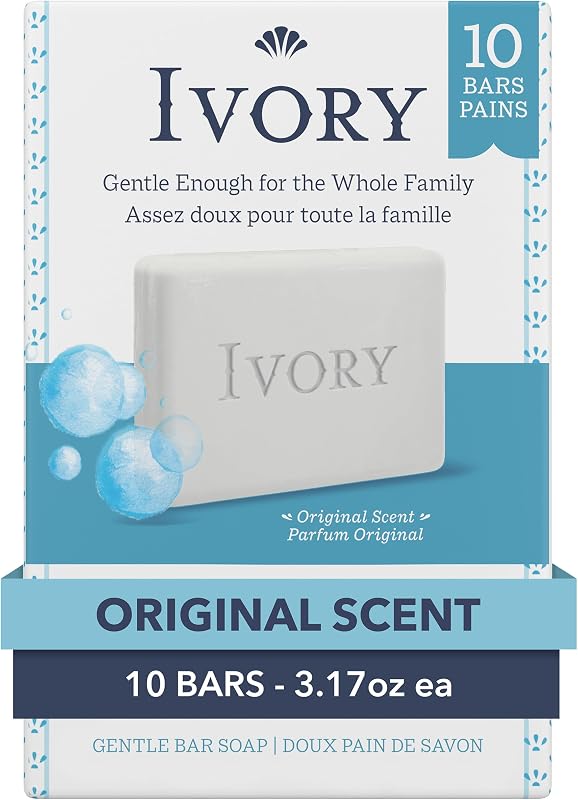 Ivory Gentle Bath Bar Soap, Designed for Whole Family, 99.44% Pure Formula, Plant-Based Cleansers, Made Without Heavy Perfumes, Parabens or Phthalates, Original Scent, 3.17 oz (10 Count)