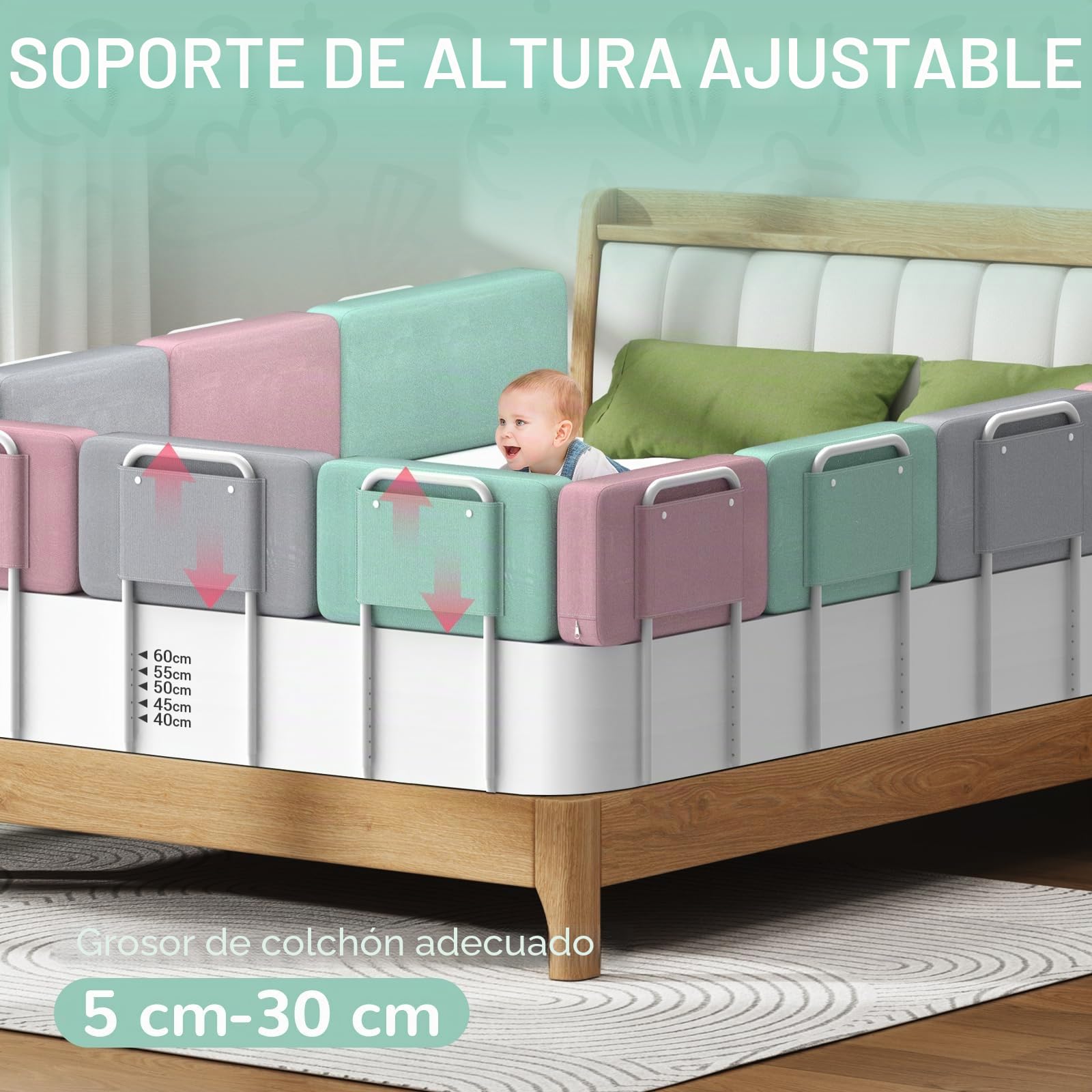 Barrera de Seguridad para niños – Barrera de Cama para niños con protección de Bordes, Seguridad para Cama Infantil, Altura Ajustable 40-60 cm, Desmontable, portátil, Verde, 60cm