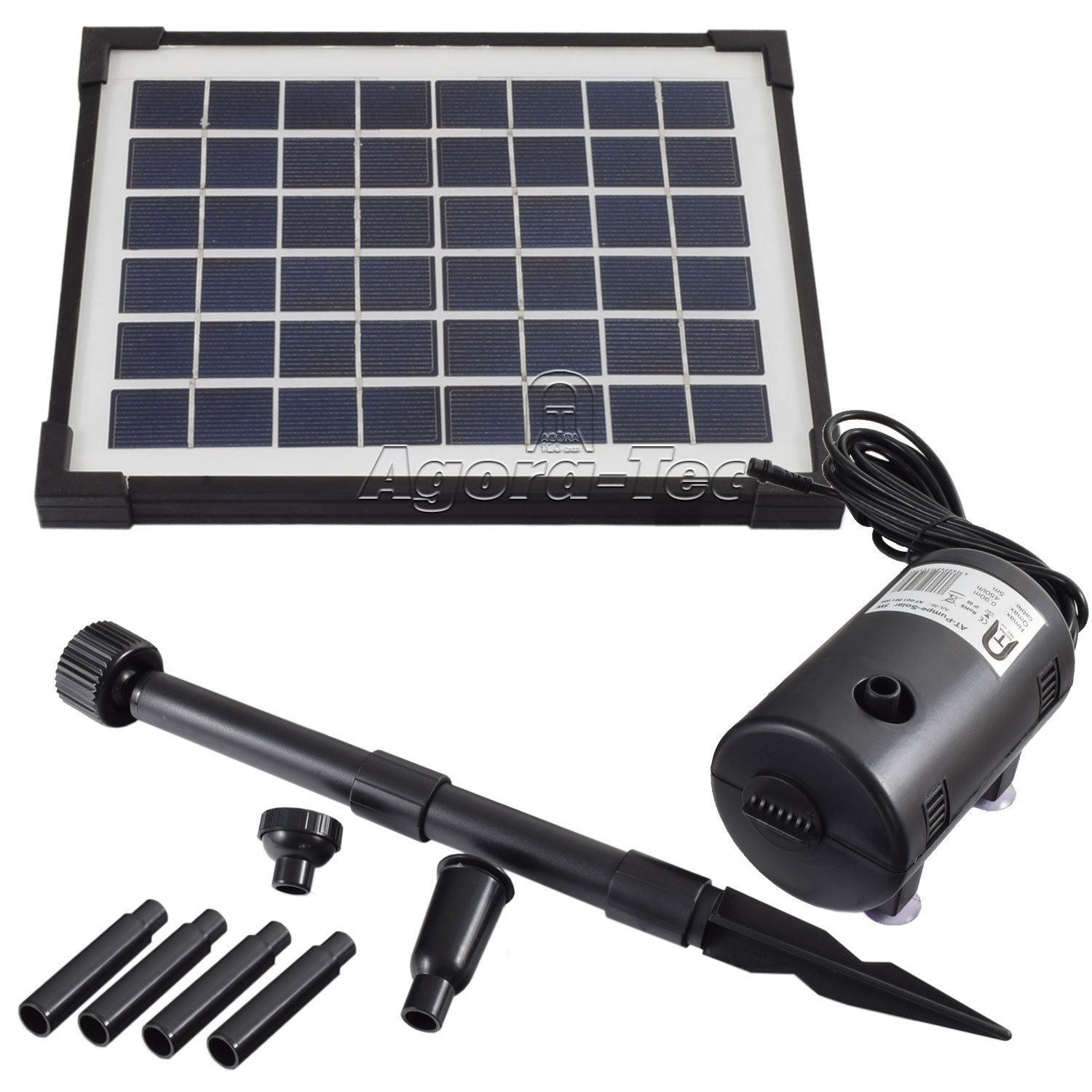 Agora-Tec® Solar Teichpumpe Set 5W | Ohne Akku | 470l/h Fördermenge | 0,65m Fontainenhöhe | Gartenteich & Springbrunnen | monokristallin