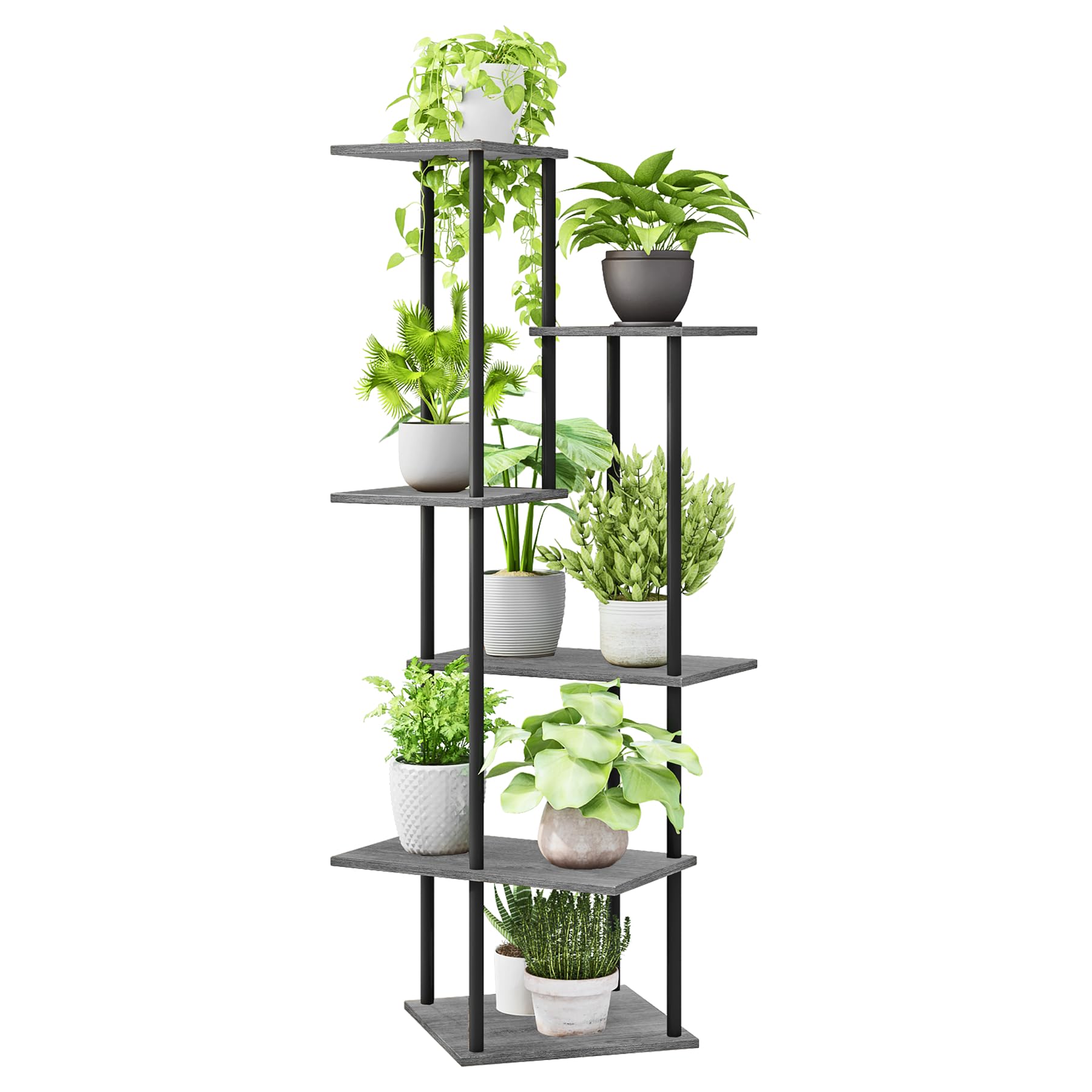 Plant Stand Indoor 6-Tier Metal Wood Plant Shelf for Multiple Flower Pots Corner Tall Flower Holders for Living Room Balcony Bedroom, Oak Grey