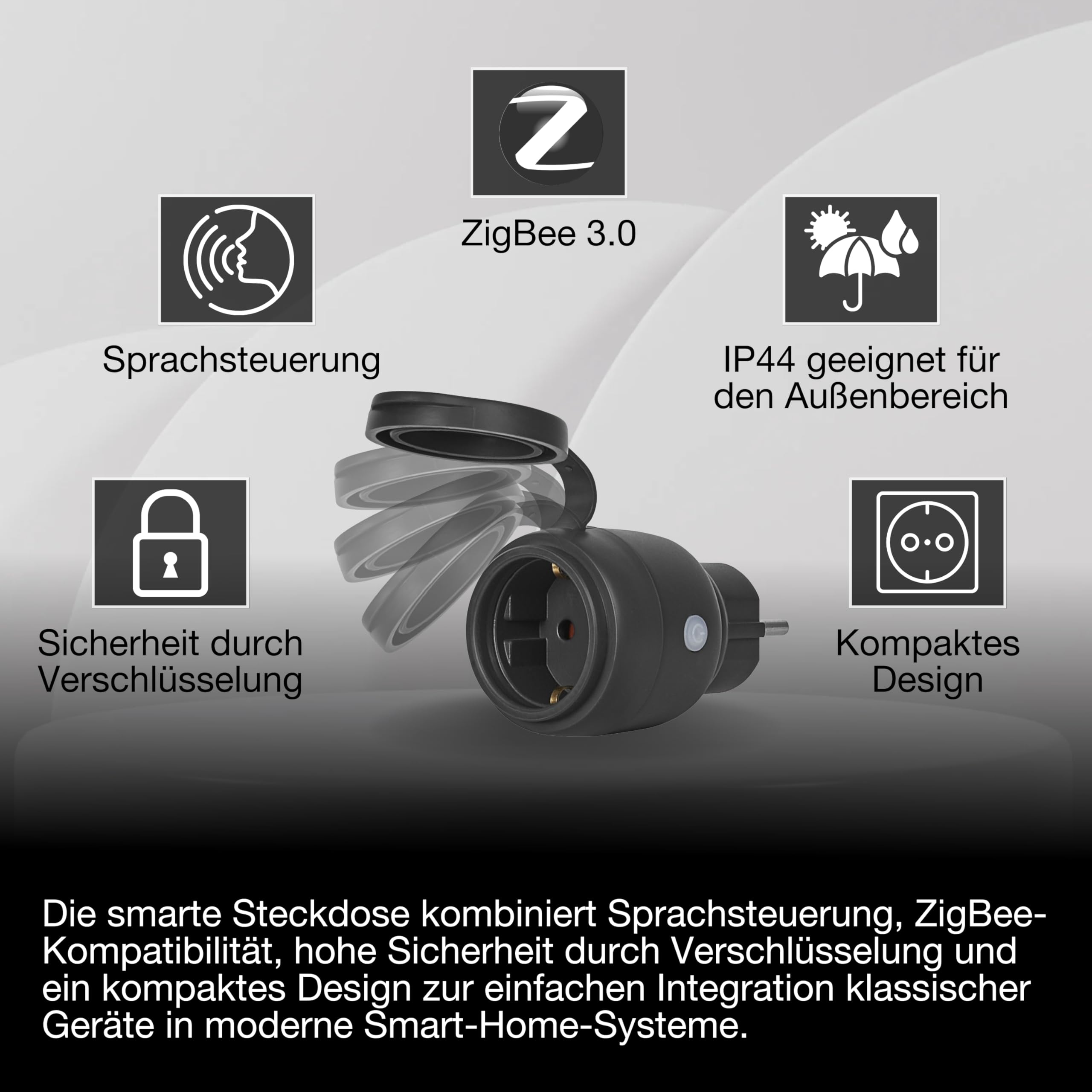 OSRAM SMART+ ZIGBEE Outdoor-EU-Steckdose, Außensteckdose mit Energieverbrauchskontrolle in Schwarz aus PP, IP44-Schutz, Integration von Geräten ins Smart Home