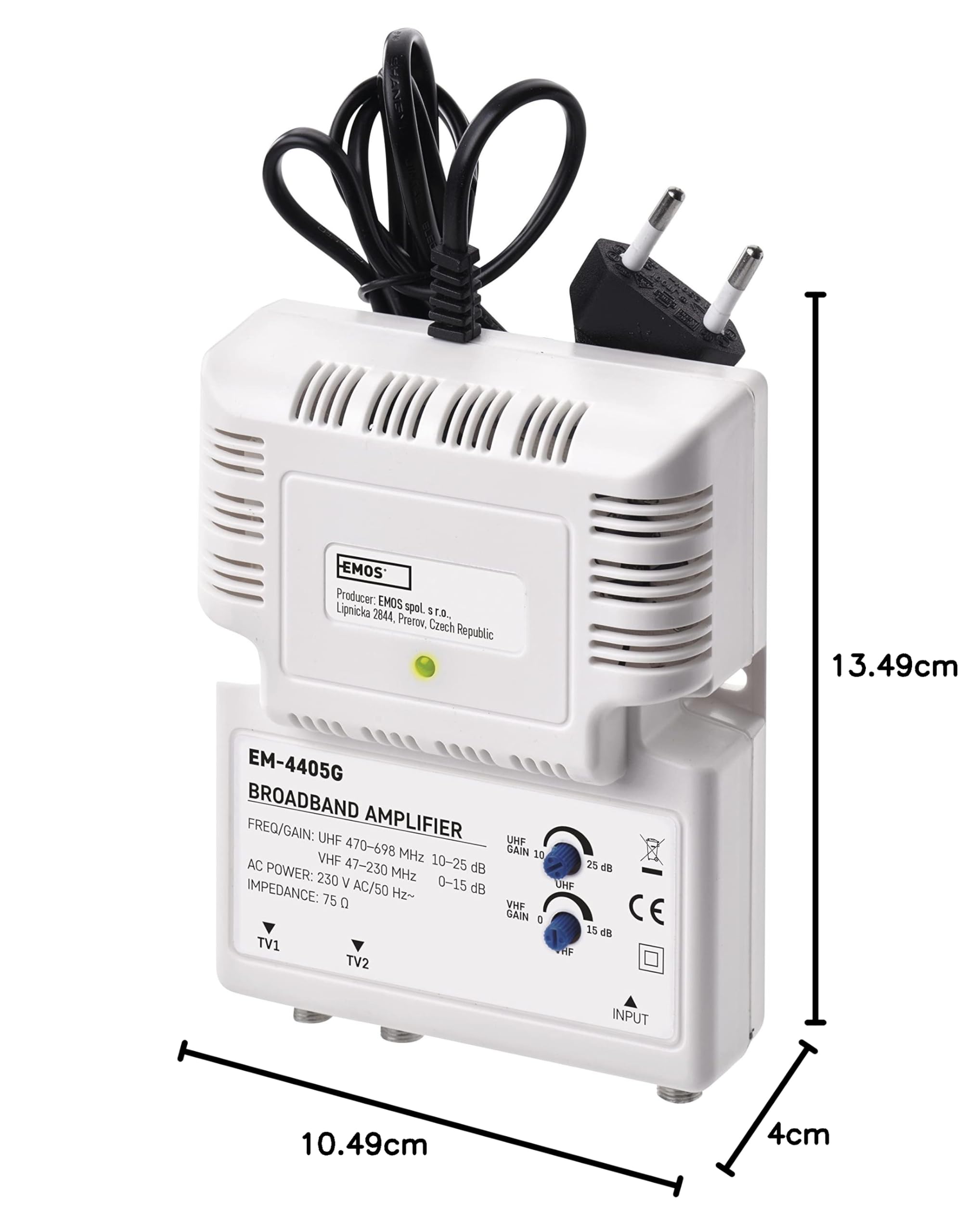 EMOS J0400 Wzmacniacz szerokopasmowy 25 dB (zakres częstotliwości 47-230 MHz, 470-698 MHz) do SAT, DVB-T2, telewizji kablowej lub anteny, 1 wejście, 2 wyjścia, 10,5 x 13,5 x 4 cm, biały