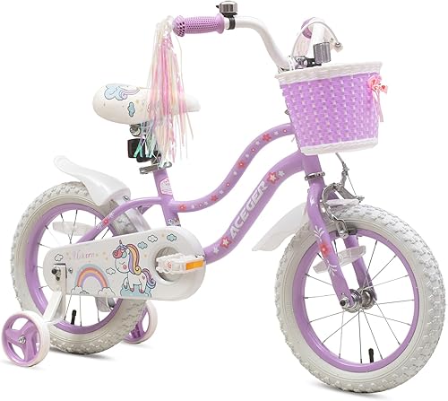 ACEGER - Bicicleta para niñas de estilo princesa con cesta para niños de 3 a 14 años, bicicleta de 14, 16, 18 pulgadas, con ruedas de entrenamiento