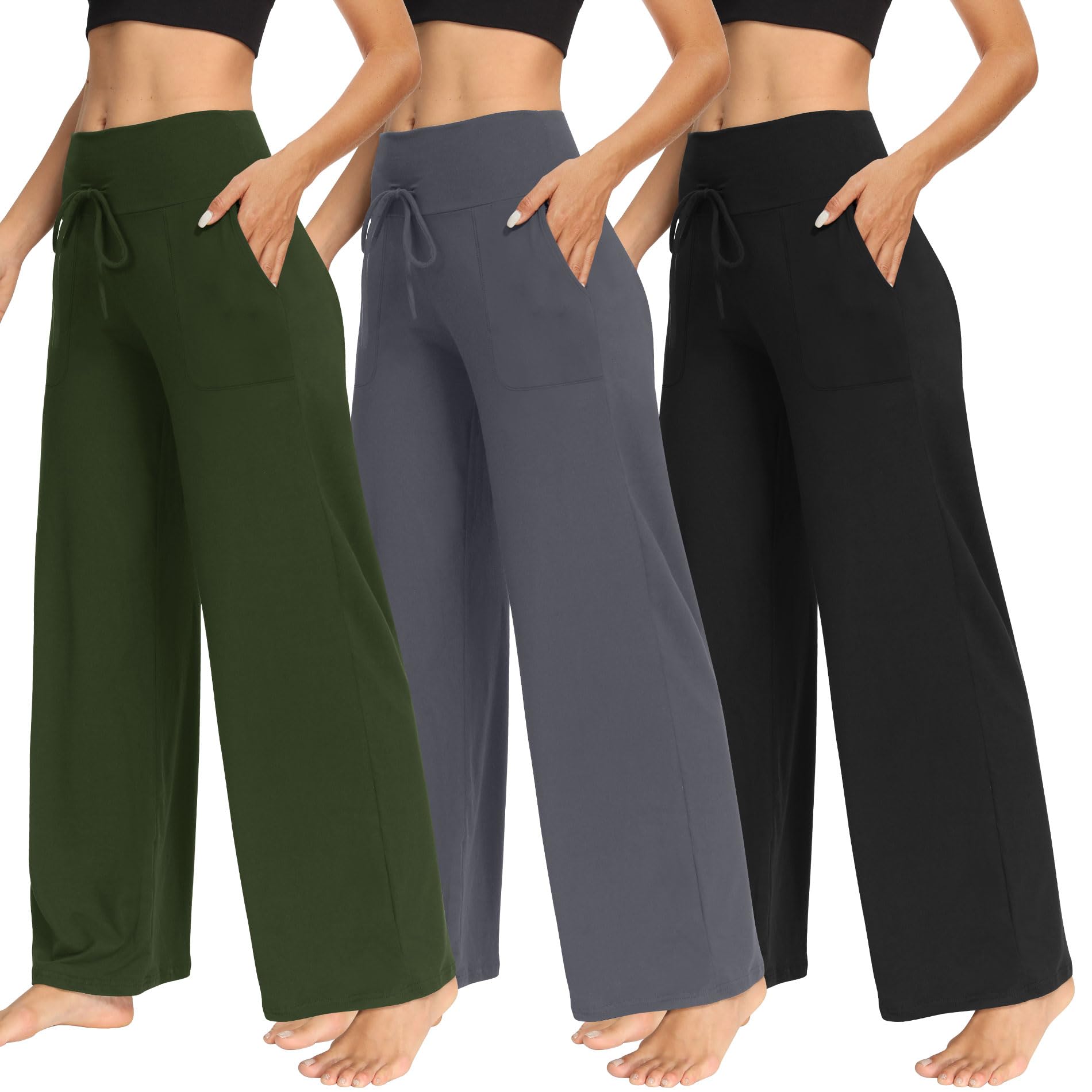 TNNZEET 3 Pack Women's Wide Leg Pants with Pockets - Casual Loose Yoga Trouser Pants Sweatpants Palazzo Lounge Pajama Pants
