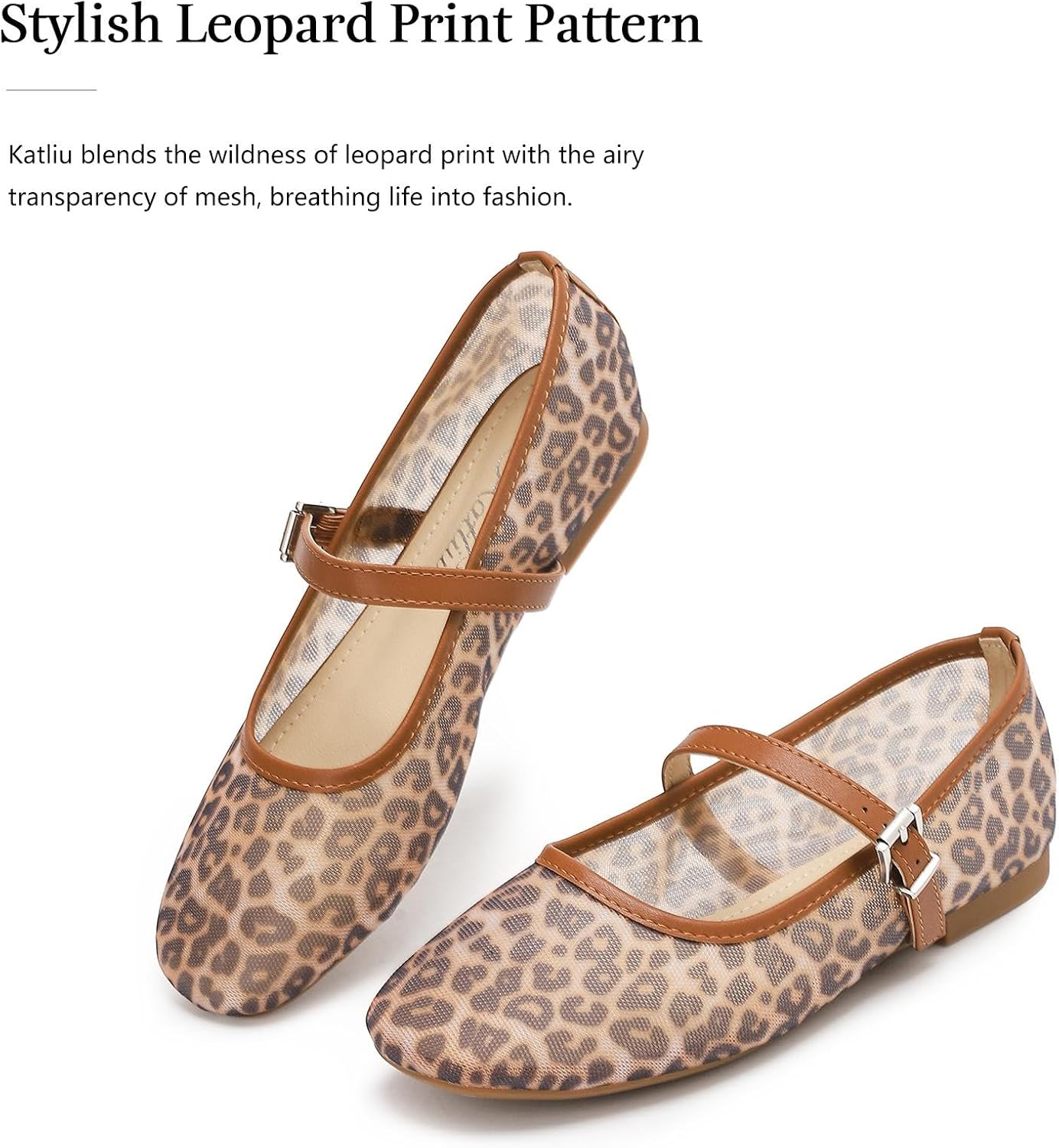 katliu Mesh Flats for Women Round Toe Ballet Flats Animal Print Mary Jane Shoes with Buckle - Image 4