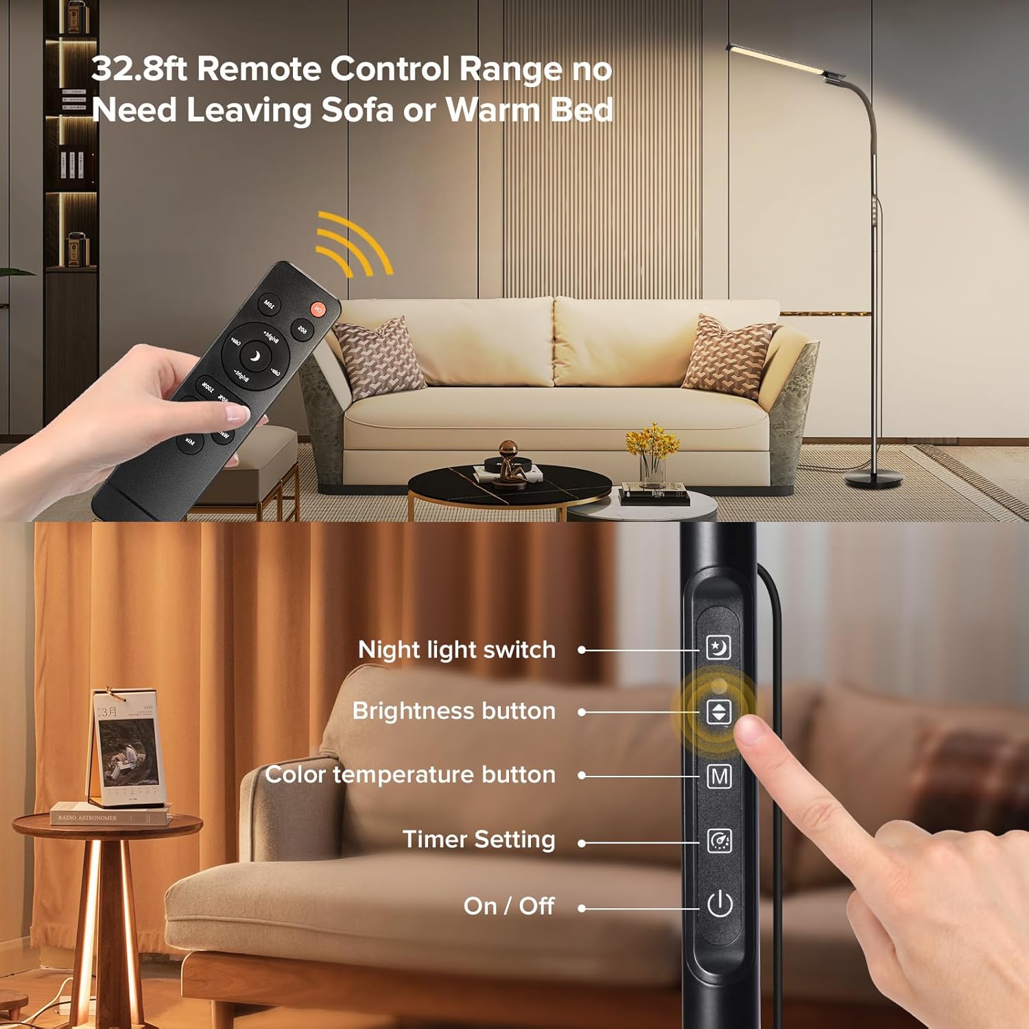 LED Floor Lamp, Floor Lamps for Living Room with Night Light & 5 Colors & 5 Brightness, Adjustable Gooseneck Floor Reading Lamp with Remote & Touch Control, Tall Standing Floor Lamp for Bedroom Office