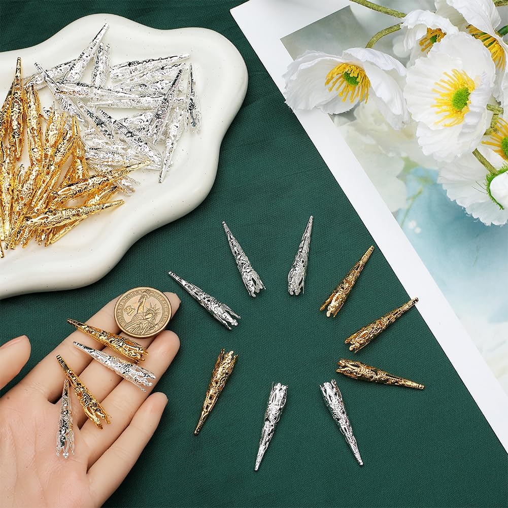 SUNNYCLUE 160Pcs Bead End Caps Cone Beads Cones Bulk Metal Iron Golden Silver Tibetan Long Filigree Hollow Flower Bead Caps Spacers for Jewelry Making Earring Necklaces Tassel DIY Crafts Accessories