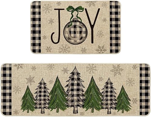 Artoid Mode Buffalo - Juego de 2 tapetes de cocina con diseño de árboles de Navidad a cuadros, decoración del hogar, alfombras de cocina de bajo