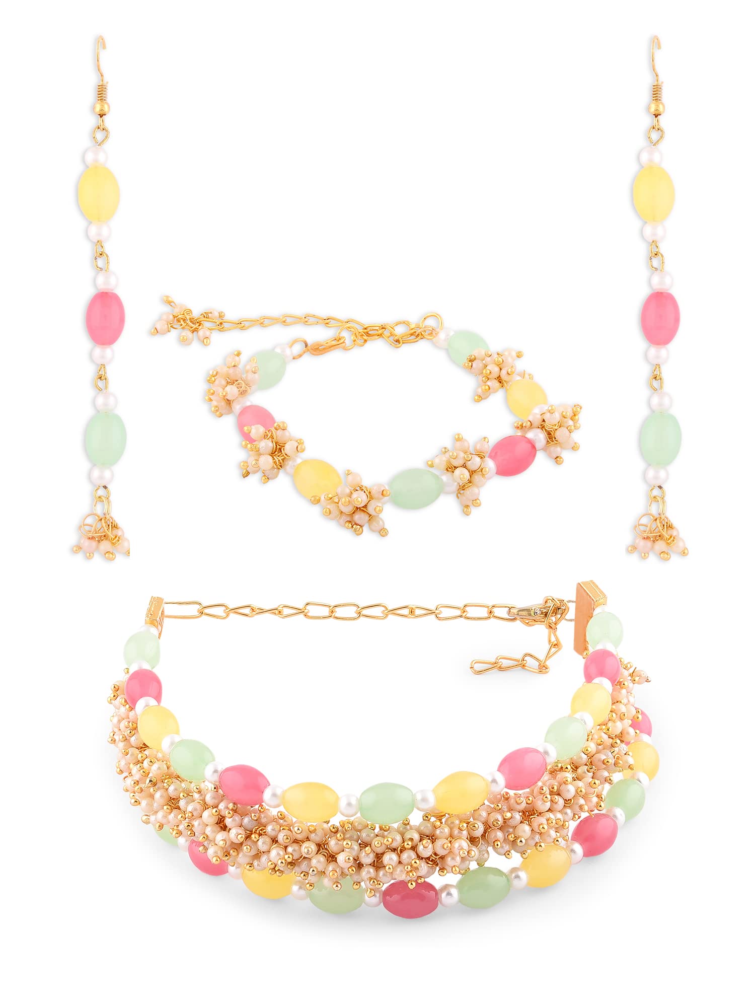 ZAVERI PEARLS Multicolor Beaded Cluster Pearls Multistrand Choker Necklace Earring & Bracelet Set For Women-ZPFK14412 (B0B6RMGTR1) Amazon Price History, Amazon Price Tracker