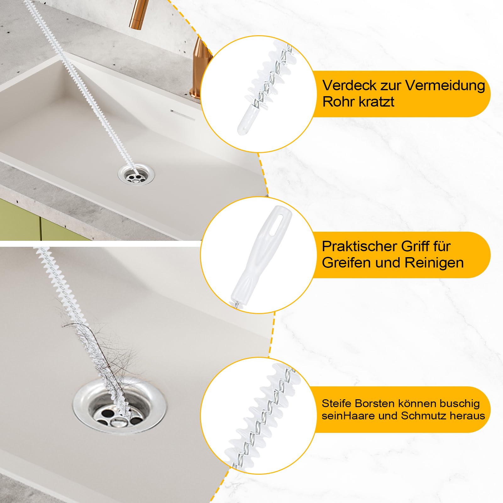 Set 4 Pinze Per Sbloccare Scarichi E Lavandini, 90 Cm, Flessibili Con Setole, Per Cucina E Bagno