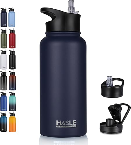 HASLE OUTFITTERS Botella de agua de acero inoxidable de 32 onzas, aislada al vacío, de doble pared, a prueba de fugas, con 2 tapas (popote y