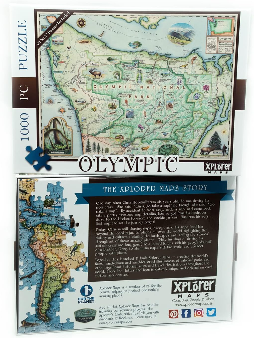 Olympic National Park Map Cardboard Jigsaw Puzzle -1000 Pieces, Hand-Illustrated - Educational, Family Activity, Ages 7+, Includes Poster - 25.4 x 19.8