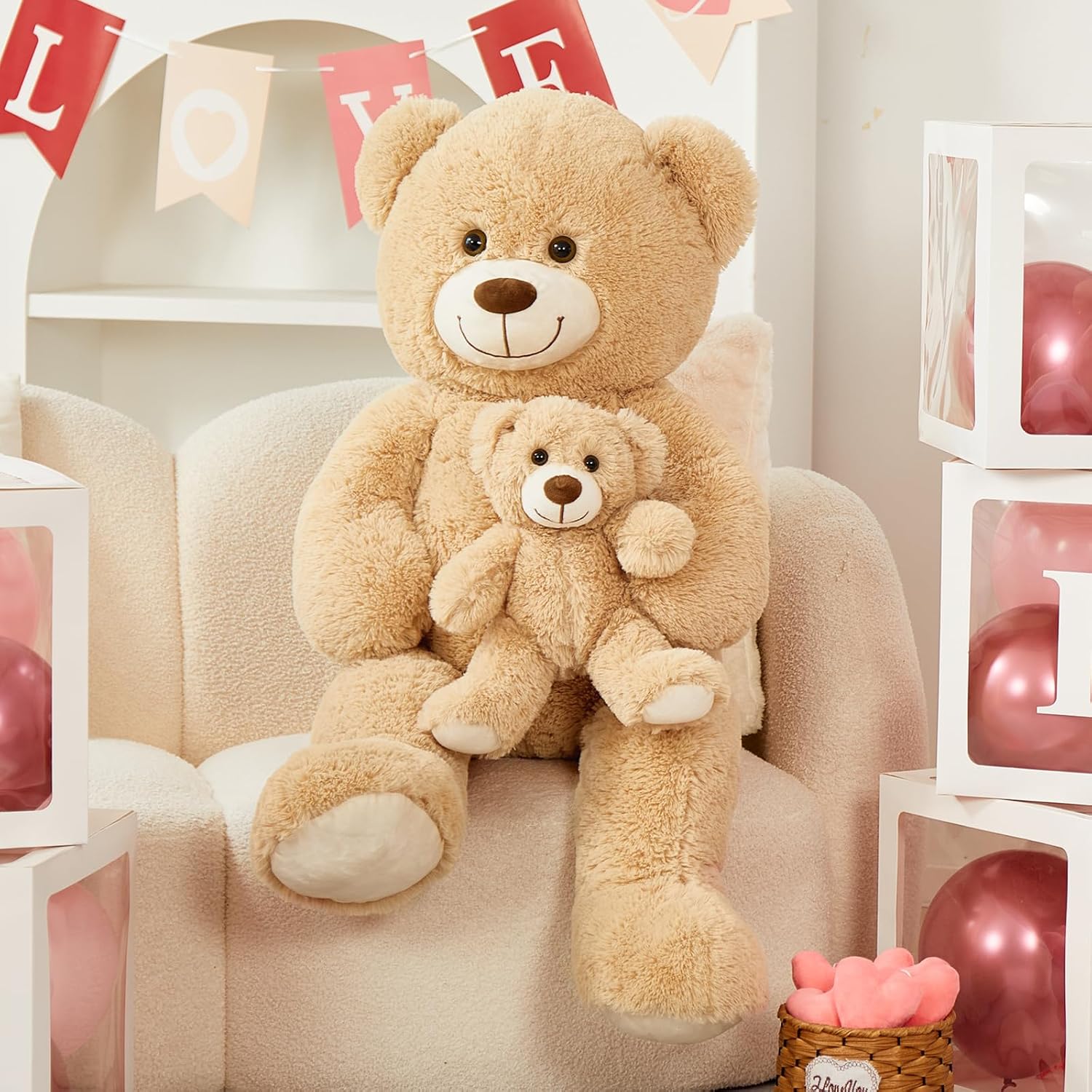 Tezituor Big Teddy Bear with Baby, 39 inch Large Mommy Teddy Bear with Baby, Giant Stuffed Bear for Kids, Girlfriend on Mother's Day, Valentine, Christmas, Baby Shower, Light Brown