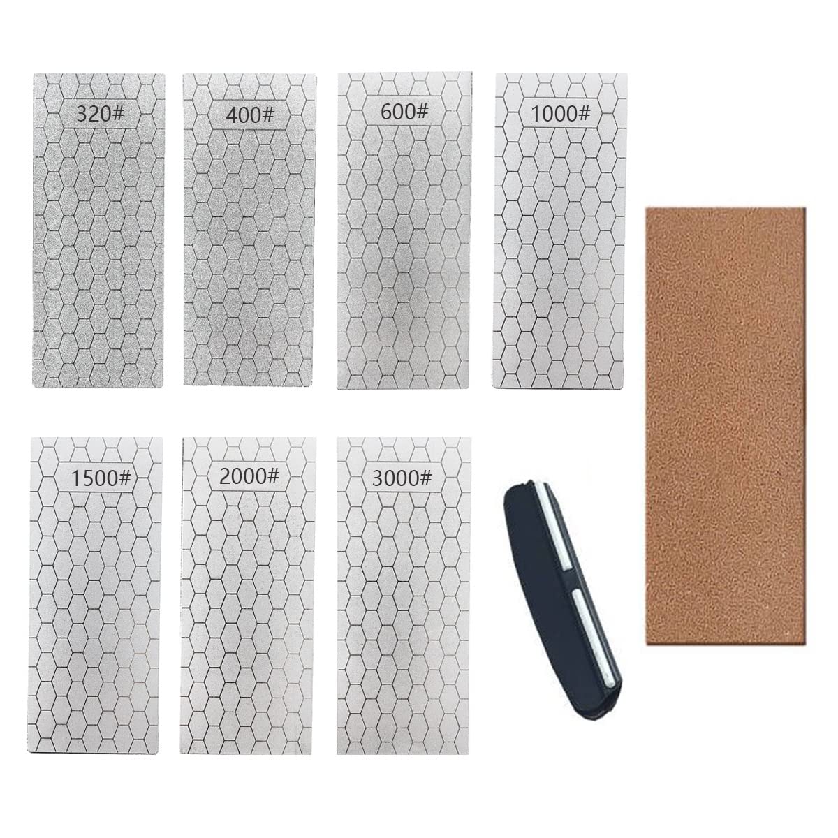Diamond Sharpening Stone, Knife Sharpener Stone Whetstone Honeycomb Surface Plate with Non-slip Base for Pocket Knives Scissors (320/400/600/1000/1500/2000/3000 Grit，with Angle Guide and Leather)