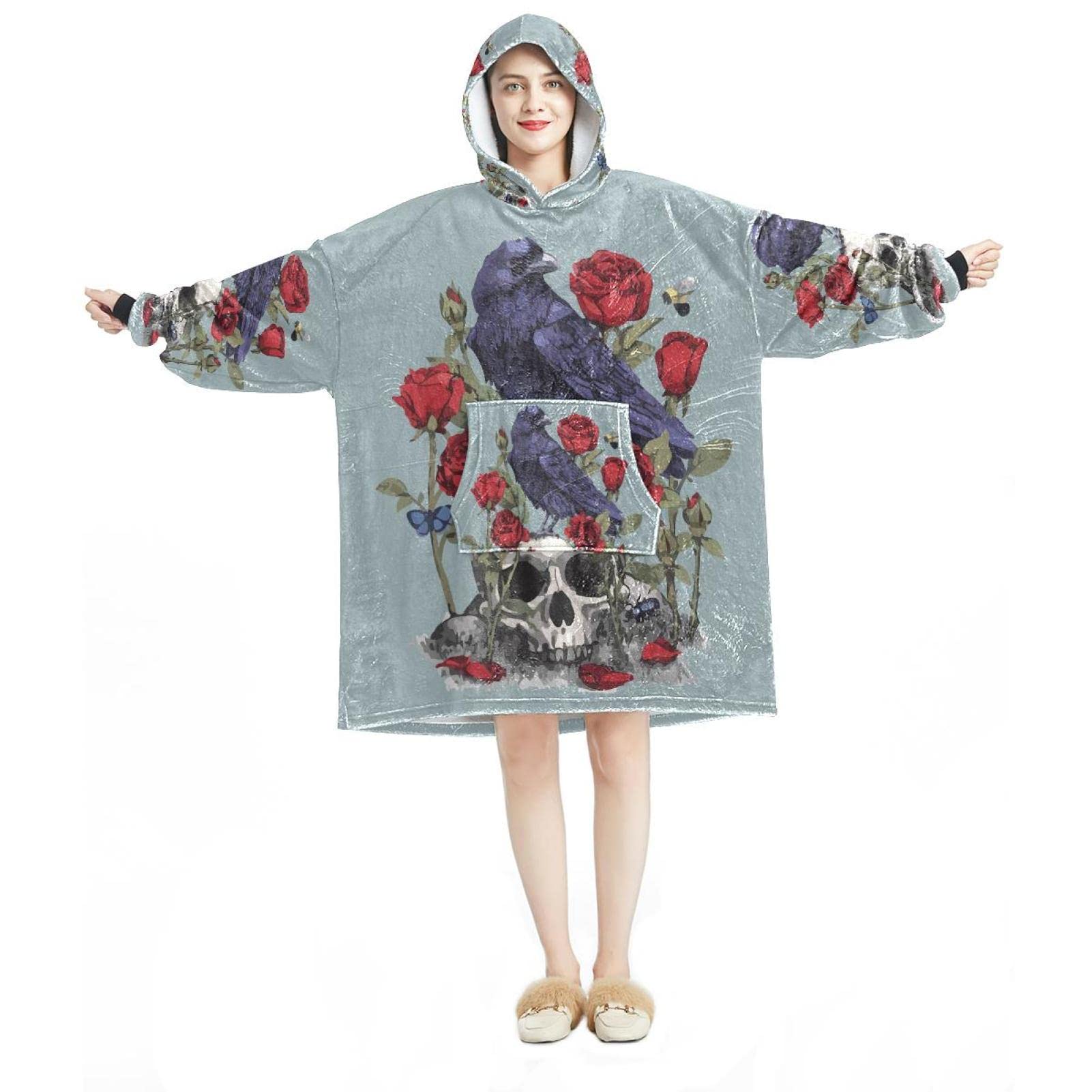 Sweat à capuche surdimensionné flanelle Sherpa adulte crâne et roses