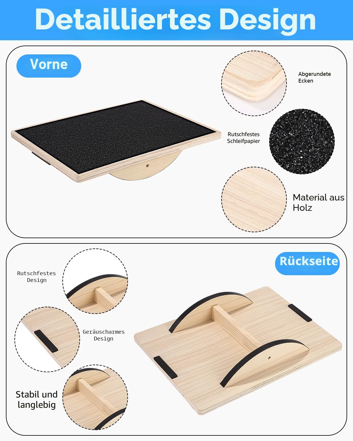 Rutschfestes Balance Board, Balance Board aus Holz für Erwachsene, Gleichgewichtstrainer für das Training der Rumpfmuskulatur, Stabilitätstraining und Dehnübungen für die Beine