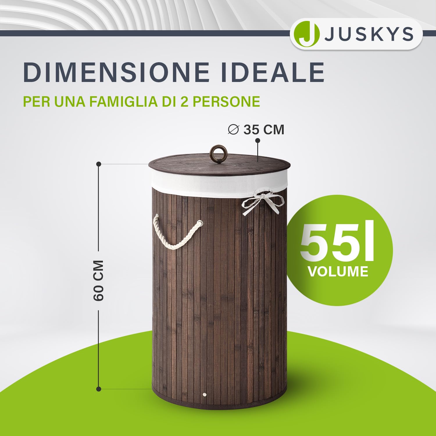 Juskys Cesto da bucato in bambù Curly-Round - capacità 55 litri - Cestino da biancheria con coperchio, maniglie di trasporto e sacca in tessuto - Cesto biancheria a 1 scomparto - marrone