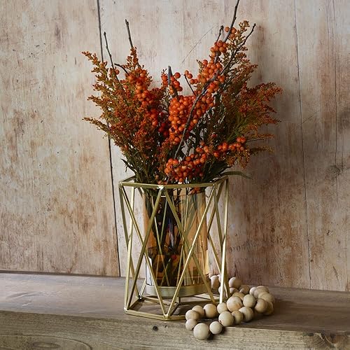 Miniatura 5 de Elements Portavelas hexagonal de alambre dorado de metal de 6.89 x 5.91 x 8.07 pulgadas, cilindro de vidrio ámbar, para uso con soporte de pilar,