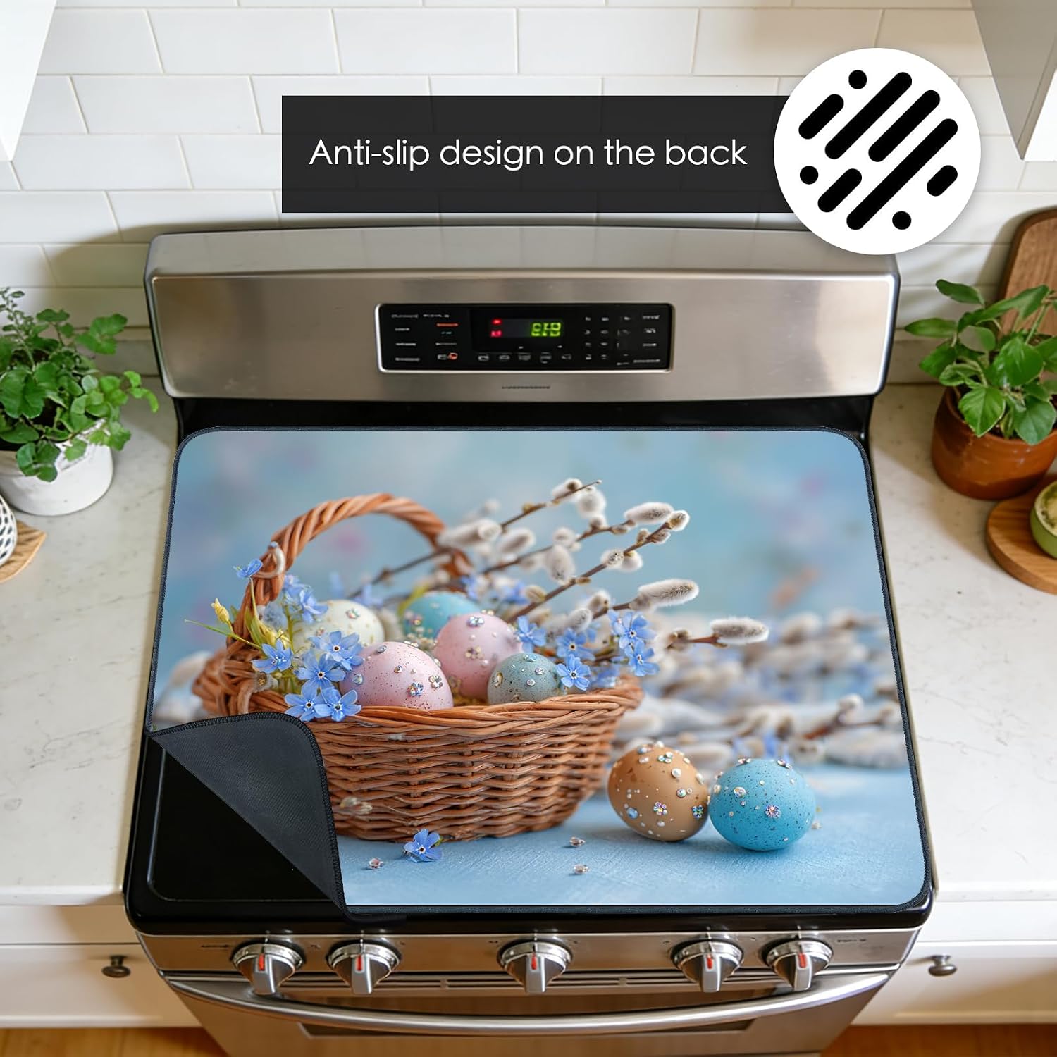 Nuxovilar Stove Top Cover Glass Stove Top Cover Protector Wicker Basket Floral Egg Pattern Polyester Diatomaceous Earth 28.65x20.47Inch Kitchen Countertop Home Daily Use