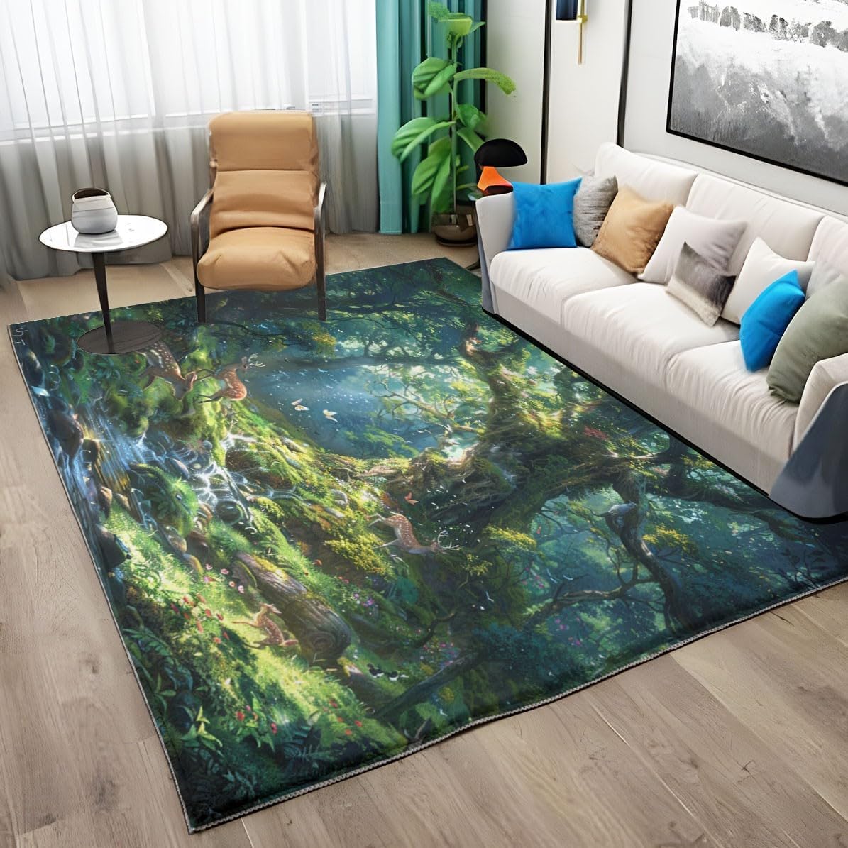 4 x 6 Area Rugs - Blue Bedroom Rugs for Living Room Non-Slip Fluffy Foldable, Dream Forest Mat Indoor Floor Flannel Carpet for Dining Table Kitchen Decor