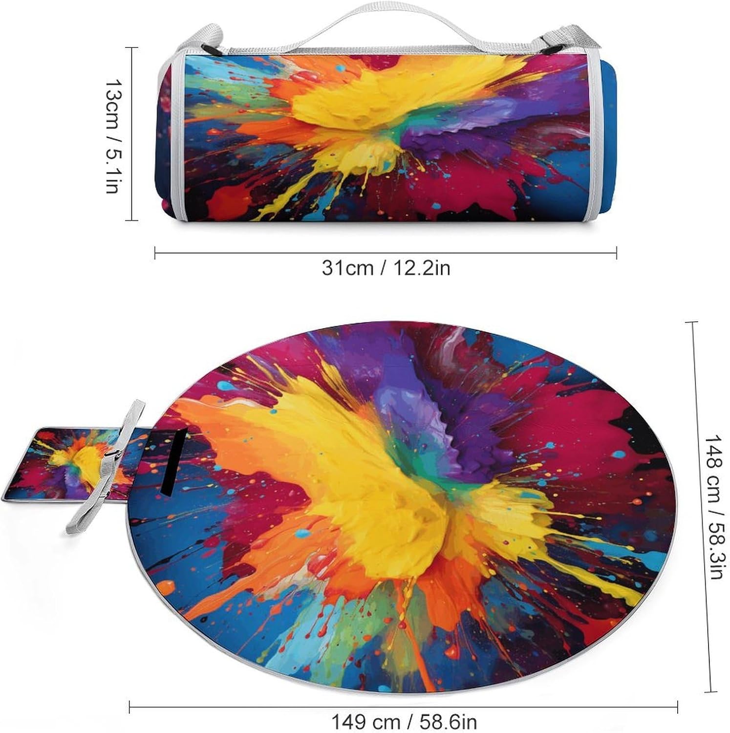 Colorful Paint Splatter Art in Many Picnic Blanket Foldable Outdoor Round Blankets Lightweight Beach Mats Portable Waterproof Park Sand Free Mat for Camping Hiking Sports Activities