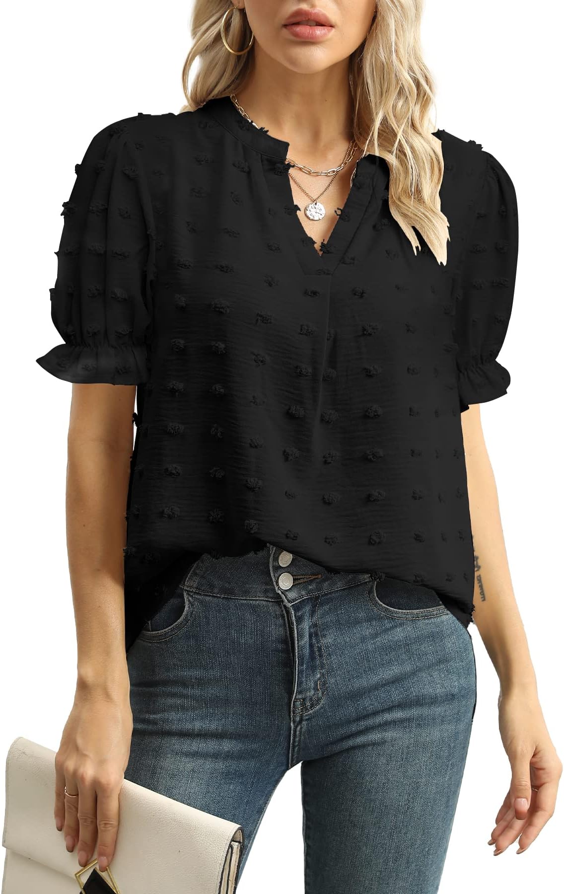 YSYOKOWWomens Summer Tops Casual V Neck T Shirts Puff Sleeve Blouses Loose Fit Tunic