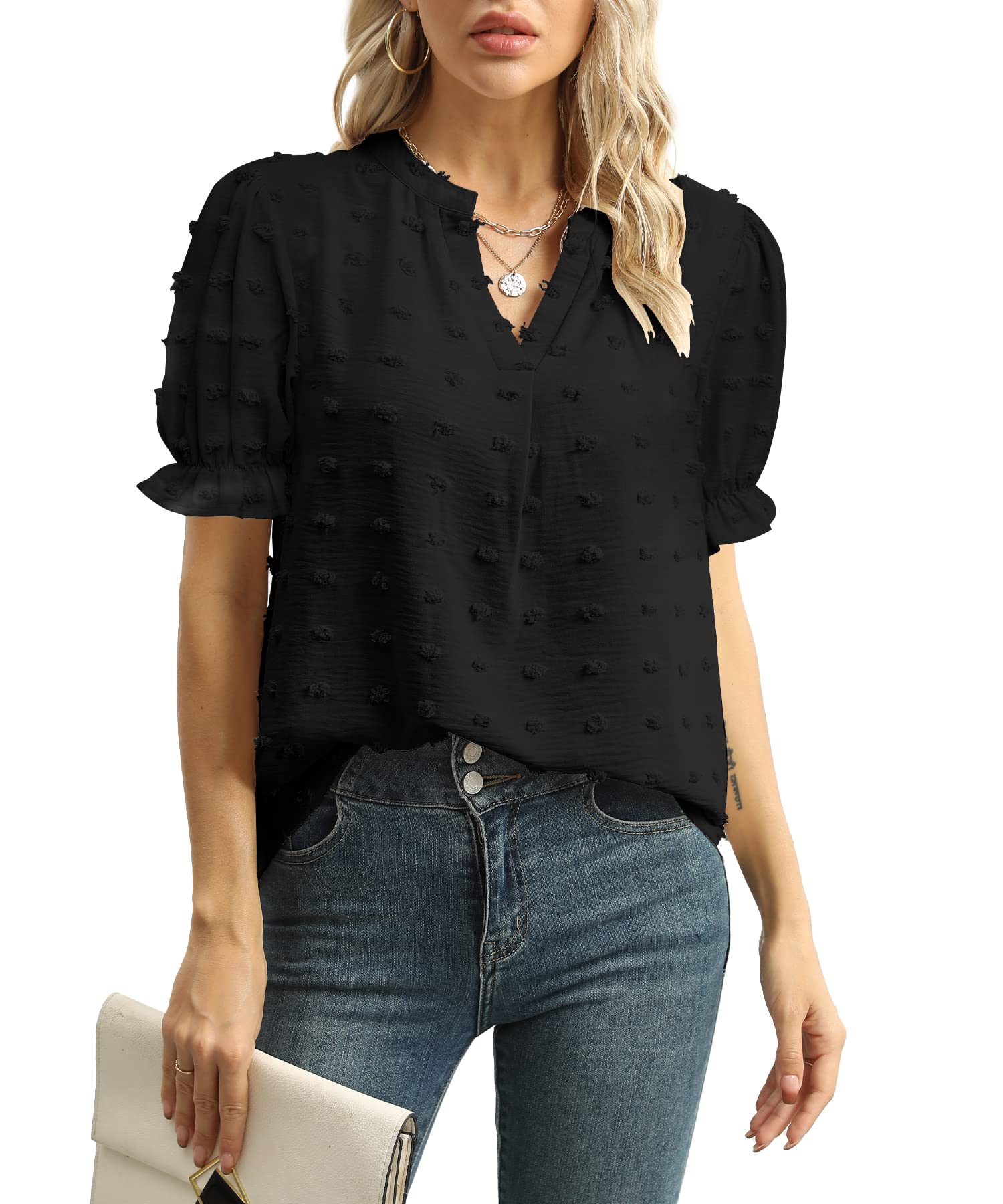 YSYOKOWWomens Summer Tops Casual V Neck T Shirts Puff Sleeve Blouses Loose Fit Tunic