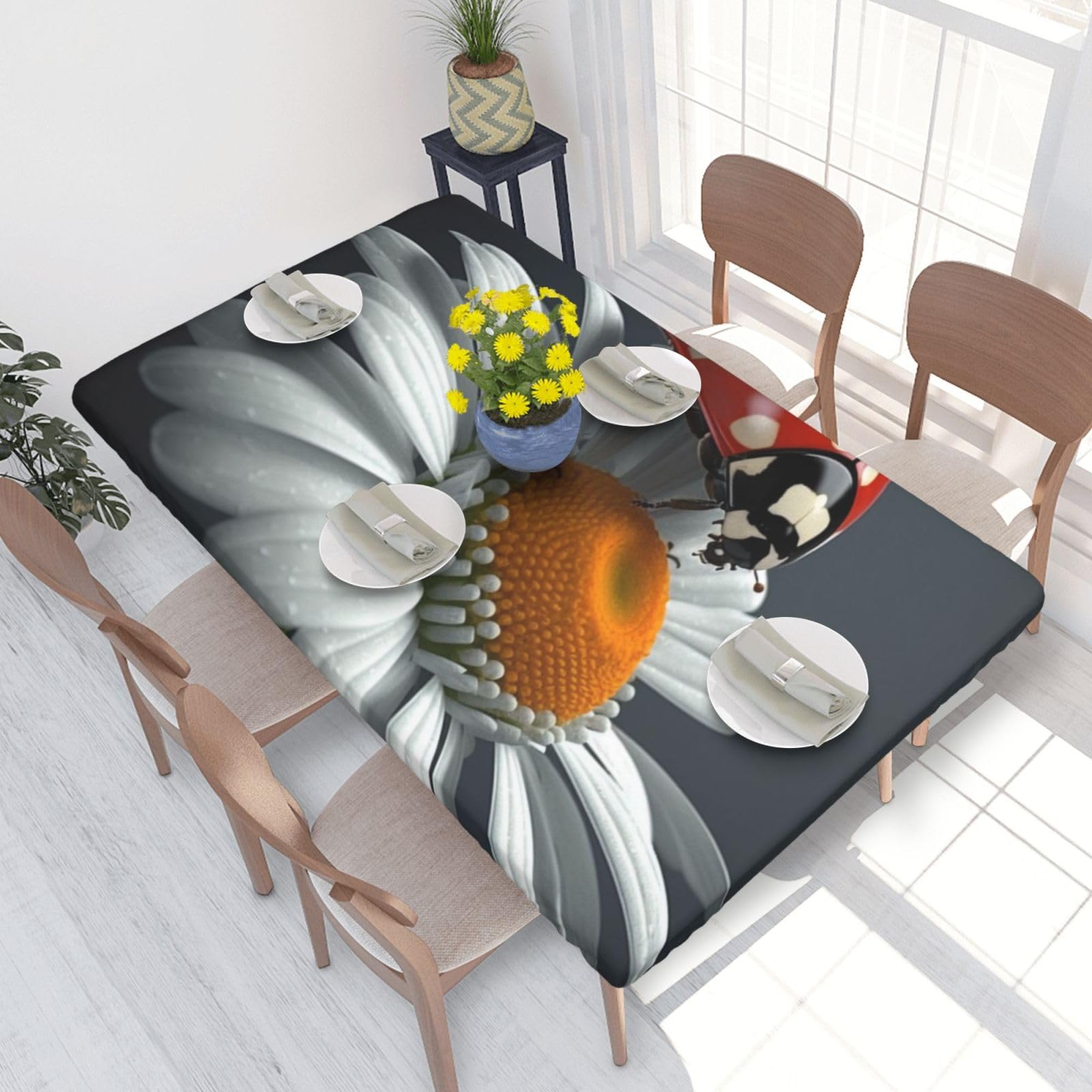 DCARSETCV Cute Ladybug Printed 4FT Waterproof Tablecloth with Elastic Edged Protect & Decor Your Table, Oil-proof Washable Table Cloth Cover for Dinner Picnic Party