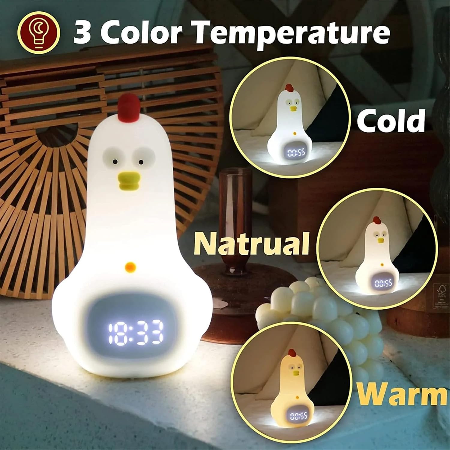 DIYCAM Cute Chicken Alarm Clock Night Light, Children's Fun Chicken Wake Up Lamp, Alarm Clock, Night Light for Kids' Bedroom Decoration, Sleep Training Clock, Birthday Gift