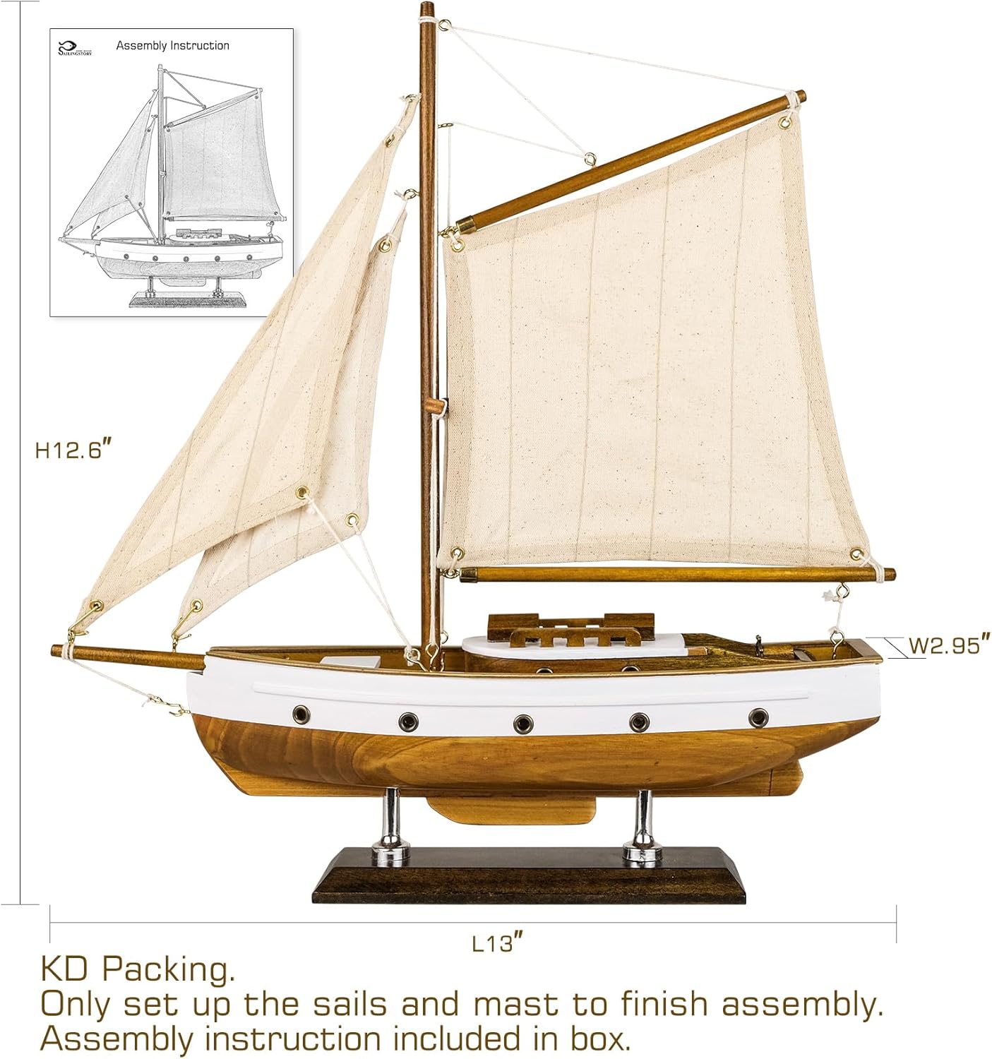 SAILINGSTORY Wooden Sailboat Decor Sail Boat Model Ship Sailing Yacht for Home Decoration Wood Color