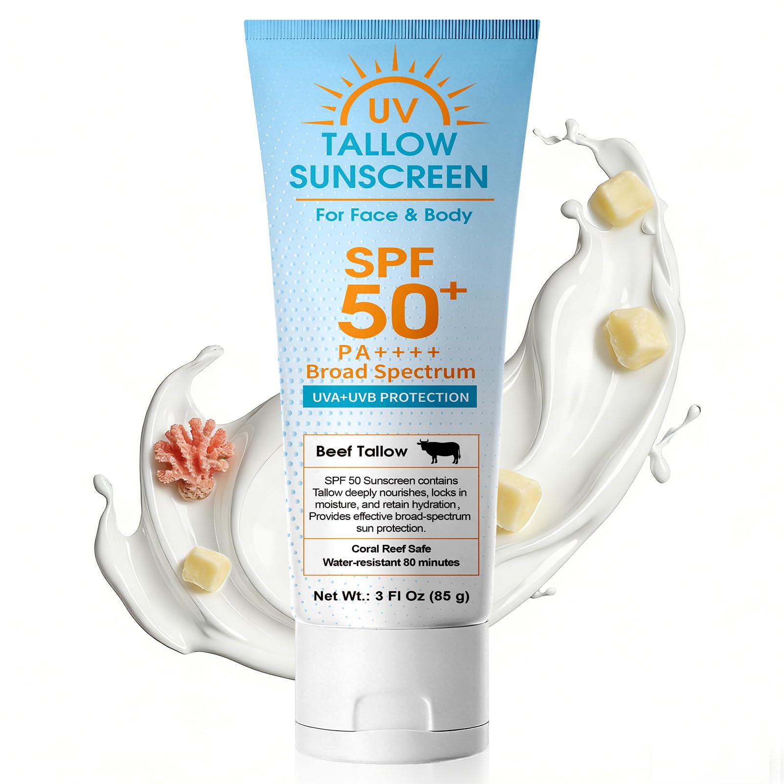 Beef Tallow Sunscreen SPF 50, Broad Spectrum Mineral Lotion with Non-Nano Zinc Oxide - No White Cast, Non-Greasy, Reef-Safe & Water-Resistant for Sensitive Skin (3 Fl Oz)