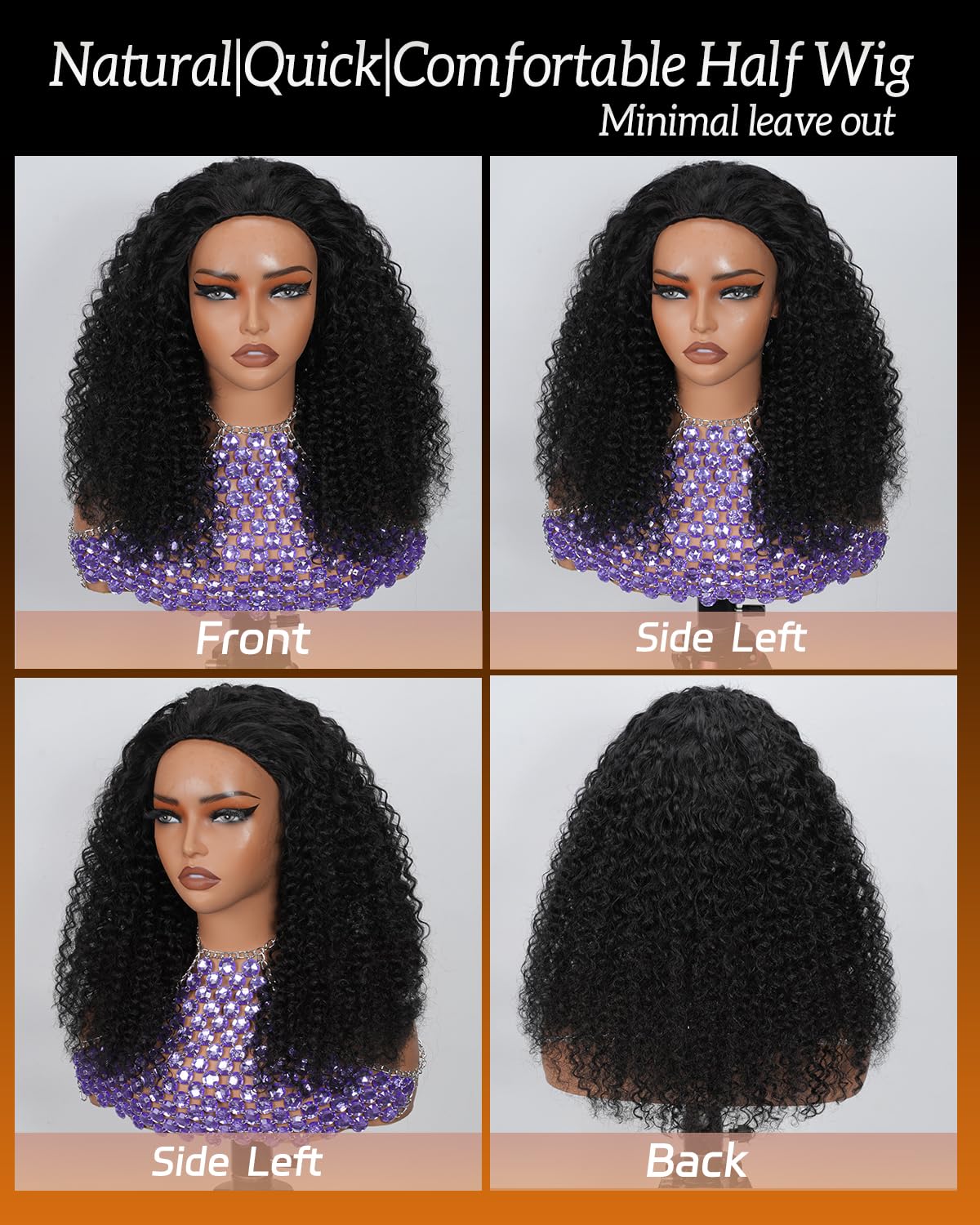 Sherico Kinky Curly Half Wig Human Hair for Women,3 In 1 Seamless Flip Over Half Wigs Human Hair Glueless Wear and Go Jerry Curly Wig Human Hair Drawstring Headband Wig Beginner Friendly 20 Inch