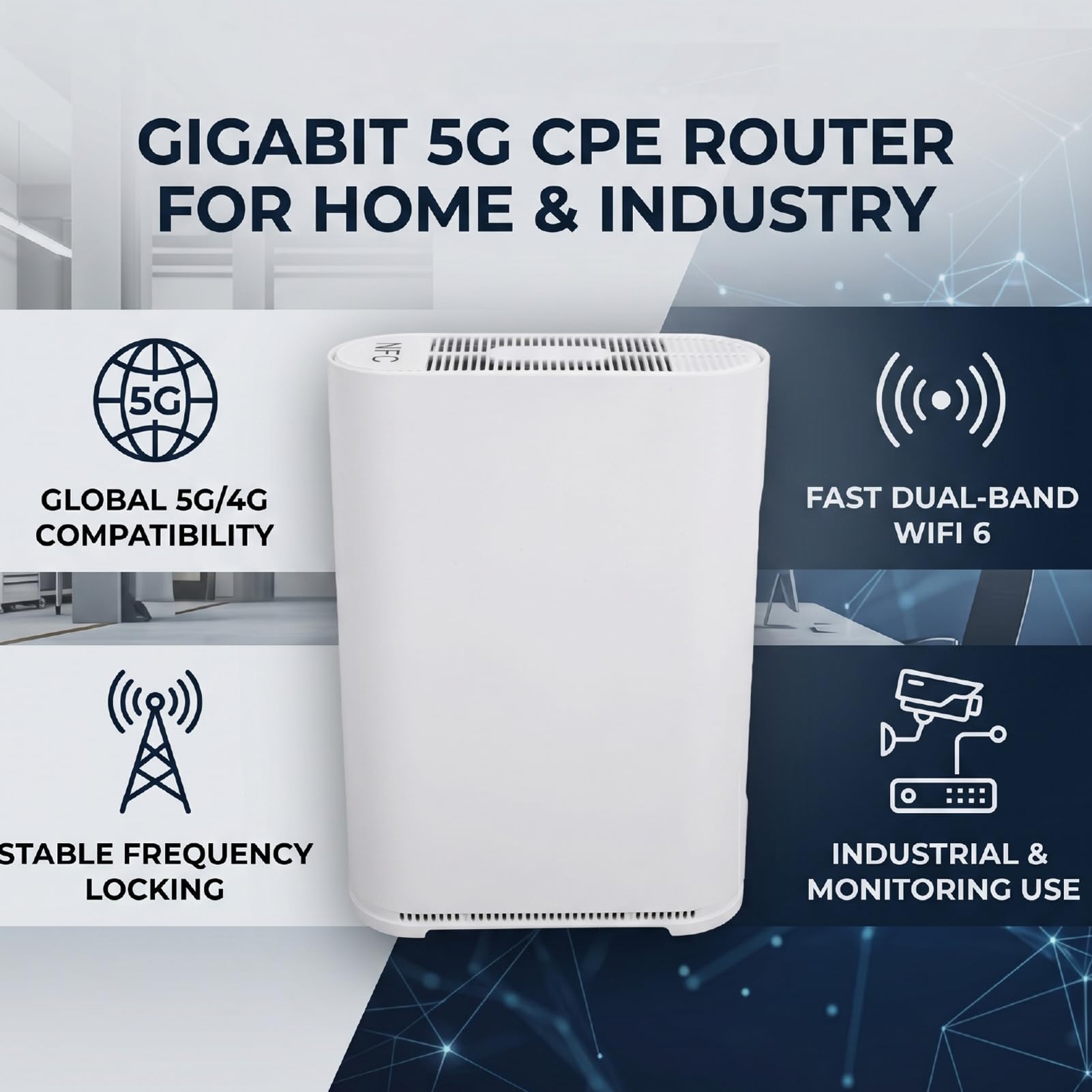 AMONIDA Routeur WiFi 5G CPE Routeur Gigabit LTE Double Bande pour Usage Domestique et Industriel Noir 190x135x52mm