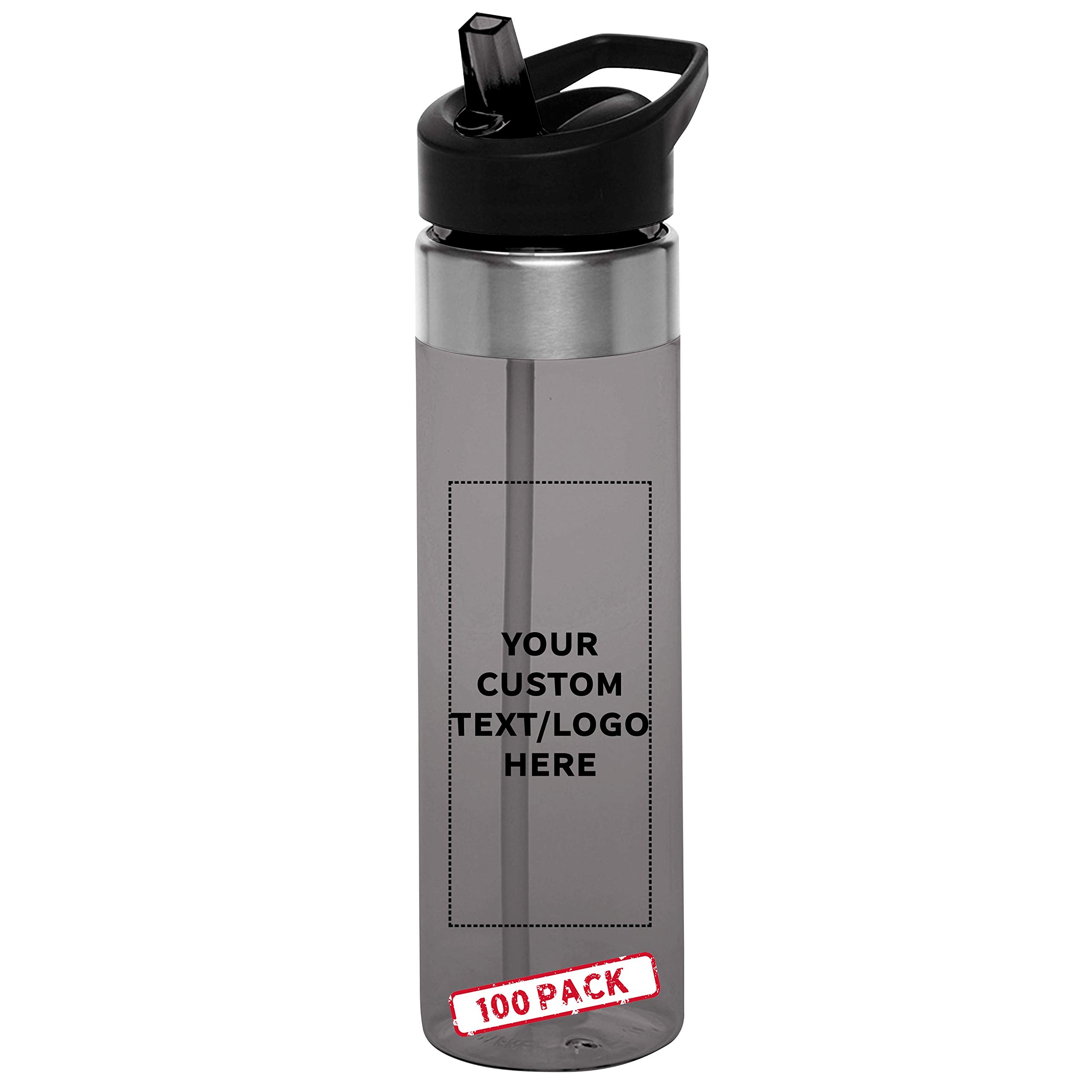 Custom Plastic Water Bottle 24 oz with Inside Straw - 100 Pack - Personalized Text - BPA Free