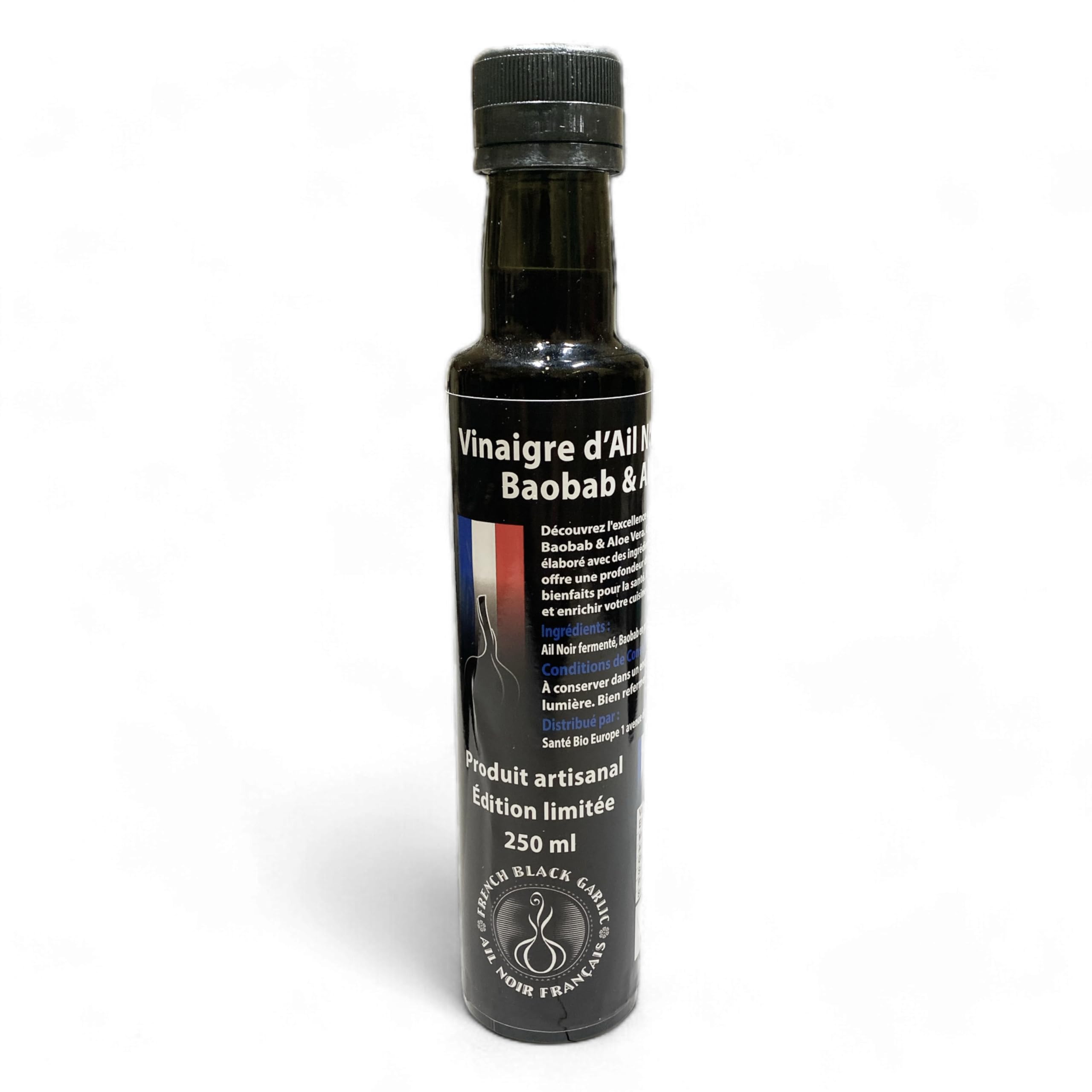 French Black Garlic - Vinaigre à l'Ail Noir, Baobab et Aloe Vera - Ingrédient Culinaire de Prestige - Antioxydant Naturel, Riche en Vitamines et Oligo-Éléments - 250ml