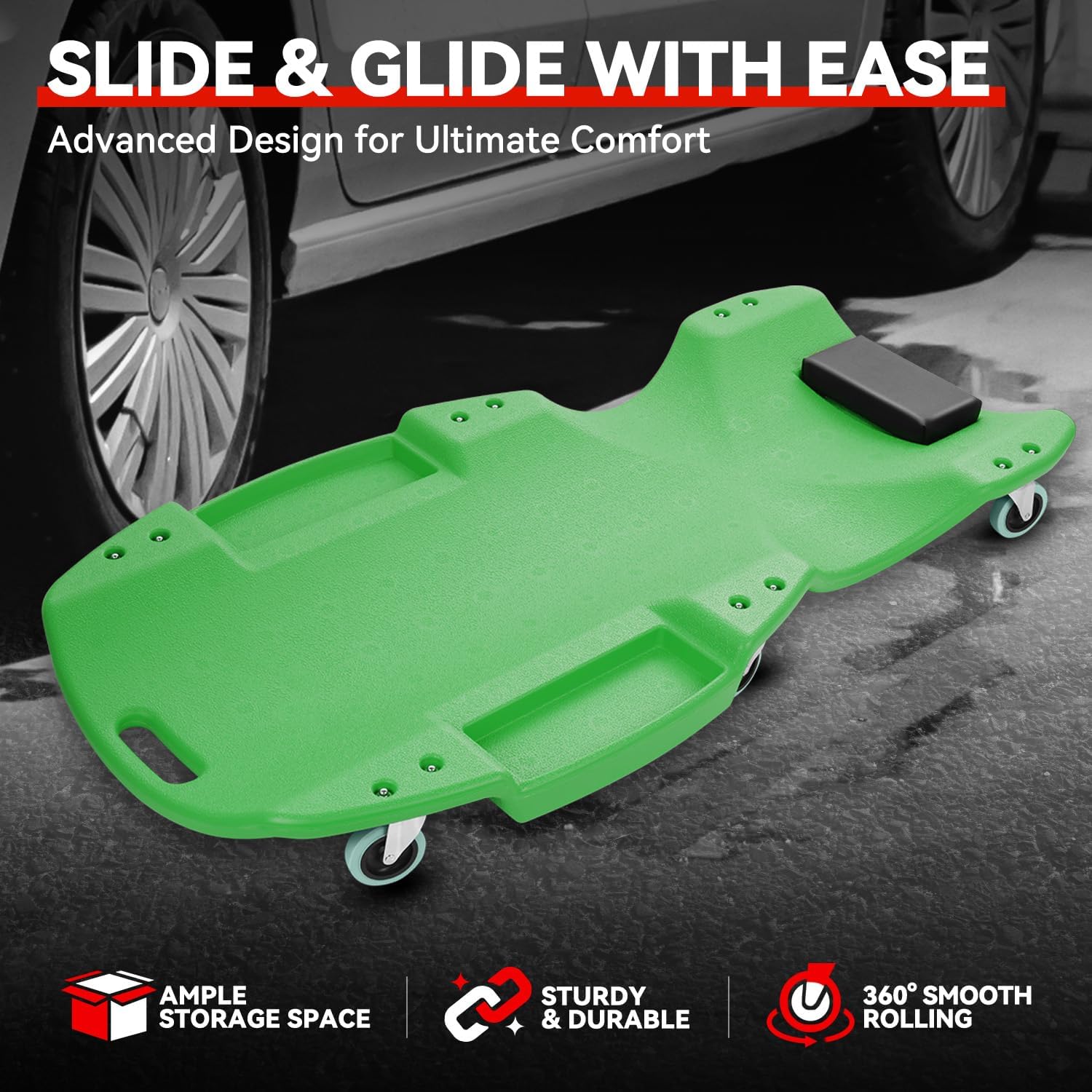 Auto Dynasty 47 Inches Mechanic Creeper, Automotive Garage Repair Low Profile Under Car Rolling Creeper with Padded Headrest, Plastic, Green