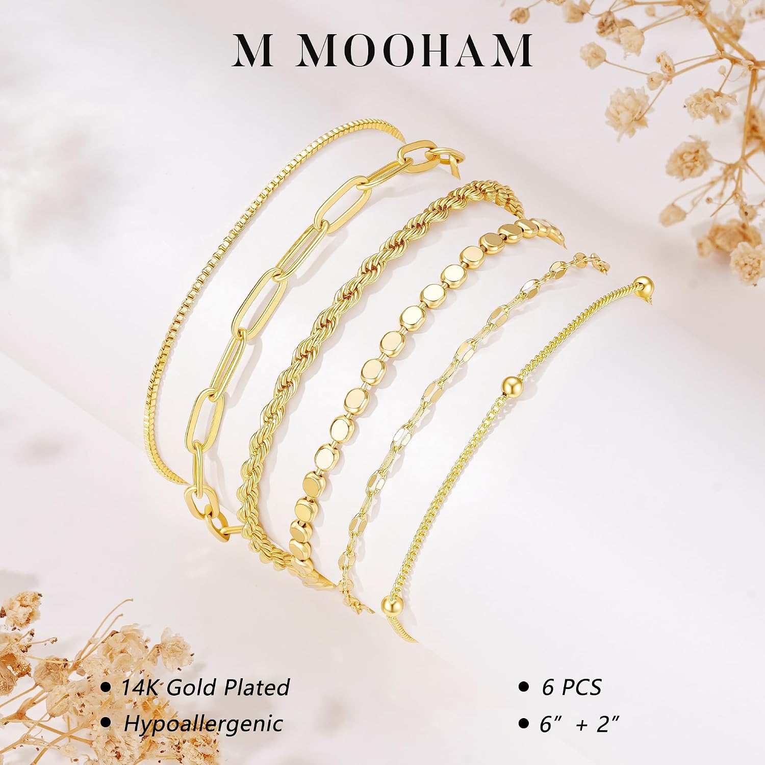 M MOOHAM Gold Bracelets Set for Women Girls, 14K Gold Plated Dainty Stackable Bracelets Stack for Women Herringbone Paperclip Rope Cuban Chain Set Simple Trendy Jewelry Gifts