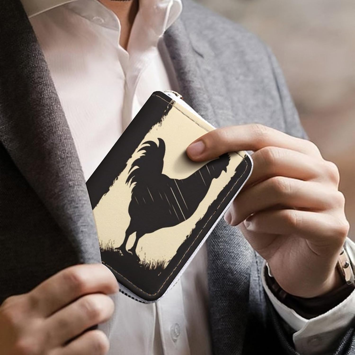 Leather Card Organizer Case Card Wallet Credit Card Holder Farmhouse Chicken Printed Zipper Card Cases Holder for Women Men