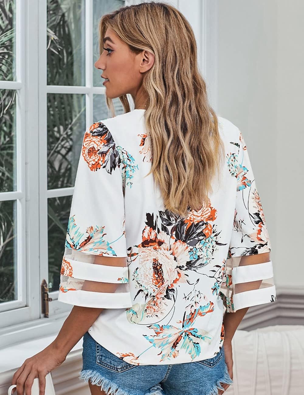 Vetinee Women's Floral Print 3/4 Bell Sleeve Shirt Mesh Panel Blouse V Neck Tops Small C-v Neck Ivory Flower