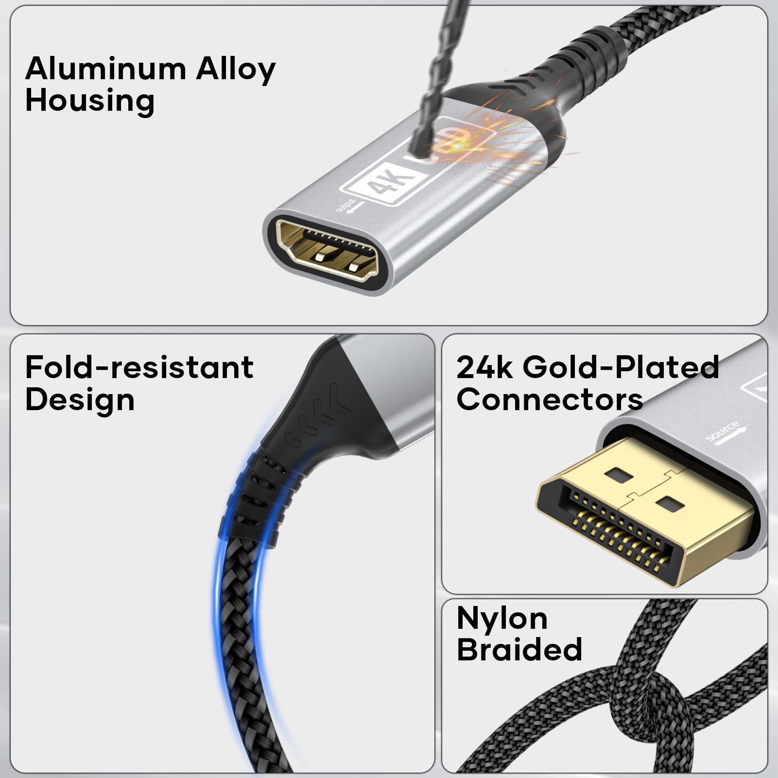 4K Adaptateur Displayport vers HDMI, Convertisseur Unidirectionnel DP (Display Port) mâle vers HDMI Femelle avec HDTV,Dell,HP,PC,Monitor - Gris