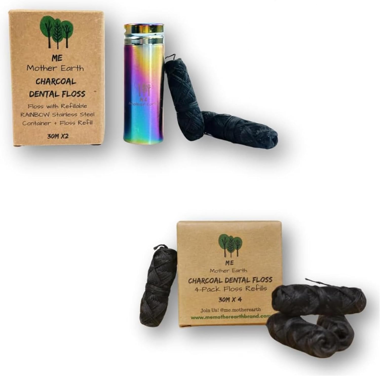 Vegan Biodegradable Bamboo Charcoal Dental Floss with Refillable Stainless Steel Rainbow Container with 30m x4 Refill | Peppermint Essential Oil | Eco Friendly Zero Waste Oral Care