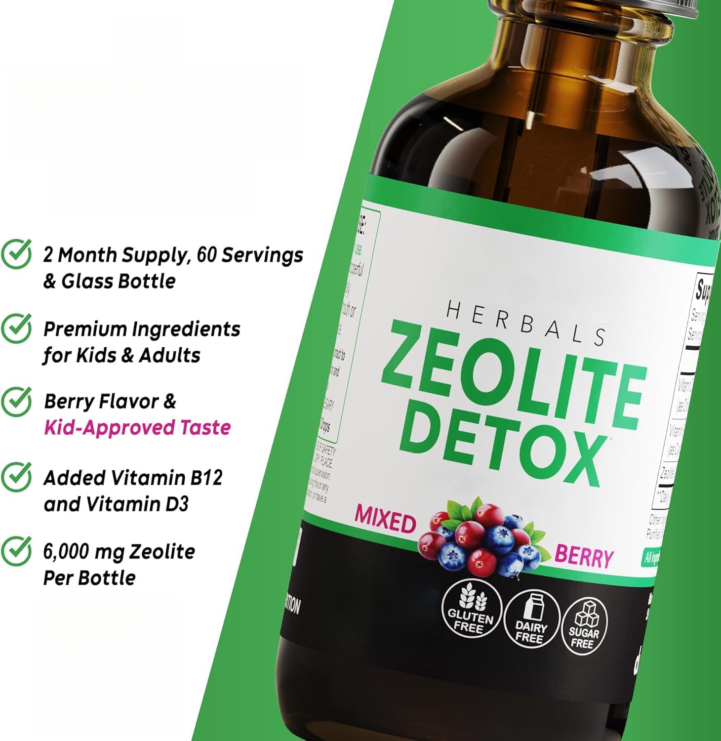 Gouttes Liquides de Zéolite Clinoptilolite avec Vitamines, Nettoyage Quotidien Doux, Soutien à la Concentration et à la Parole, Arôme Baie