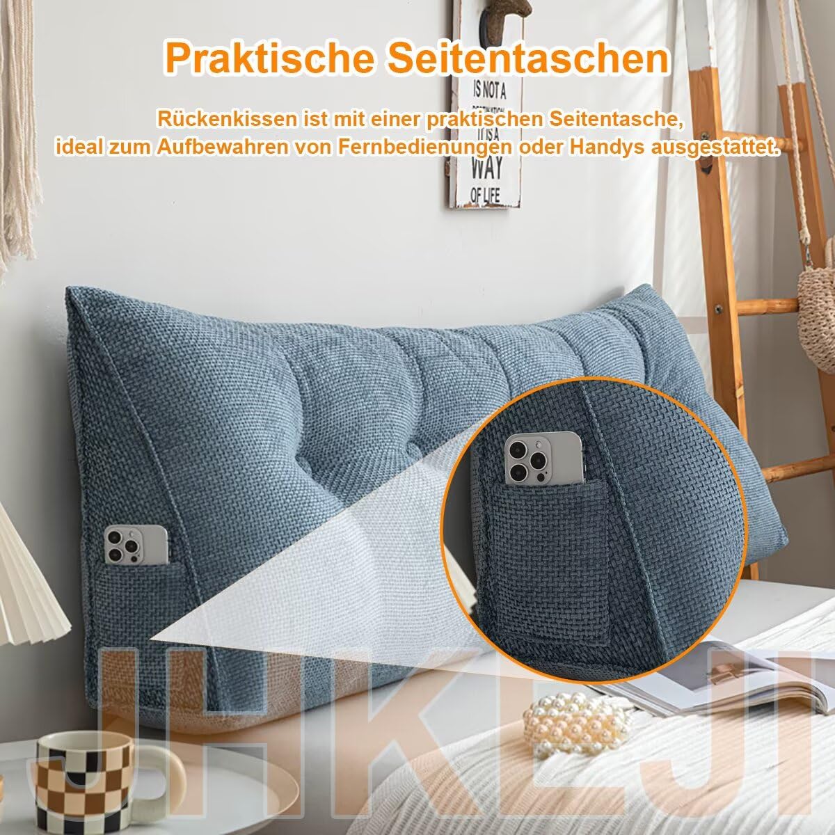 Ergonomiczna poduszka na plecy, na łóżko i sofę, do czytania, ze zdejmowaną, zmywalną poszewką na plecy, duża poduszka podtrzymująca klin, z wygodną kieszenią boczną, stylowa, szara