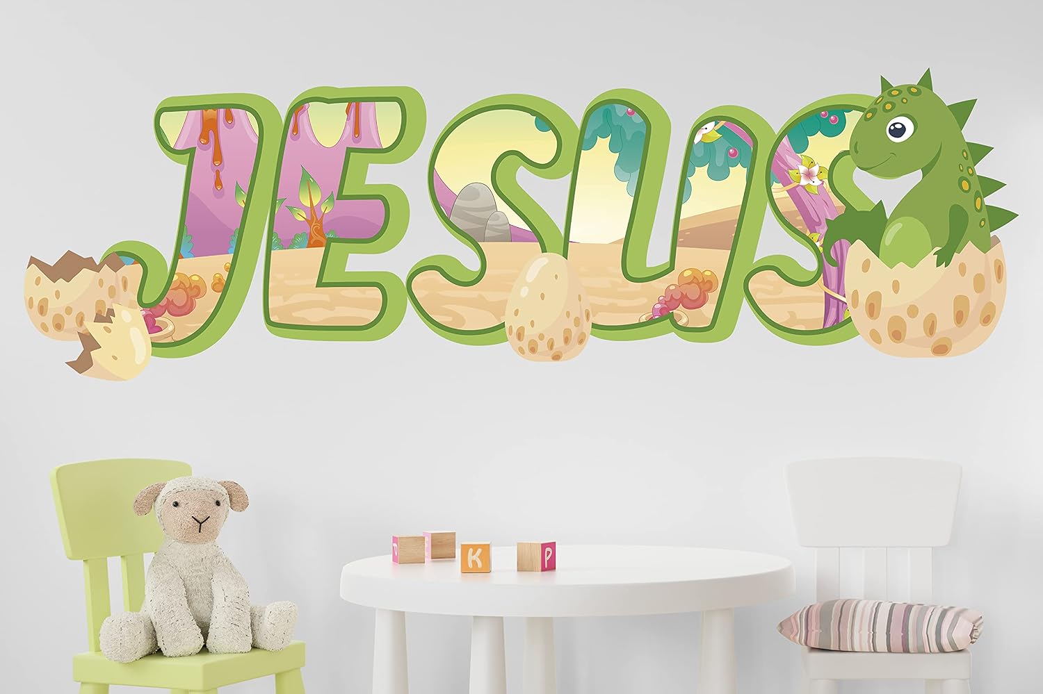 Egg Dinosaur Wall Decal, Custom Name, Dino T Rex Nursery Wall Sticker, 3D Print Wallpaper, Cute Dinosaur Home Decor Bedroom, Wall Art Smash KA803 (Giant 52 W x 18 H in)