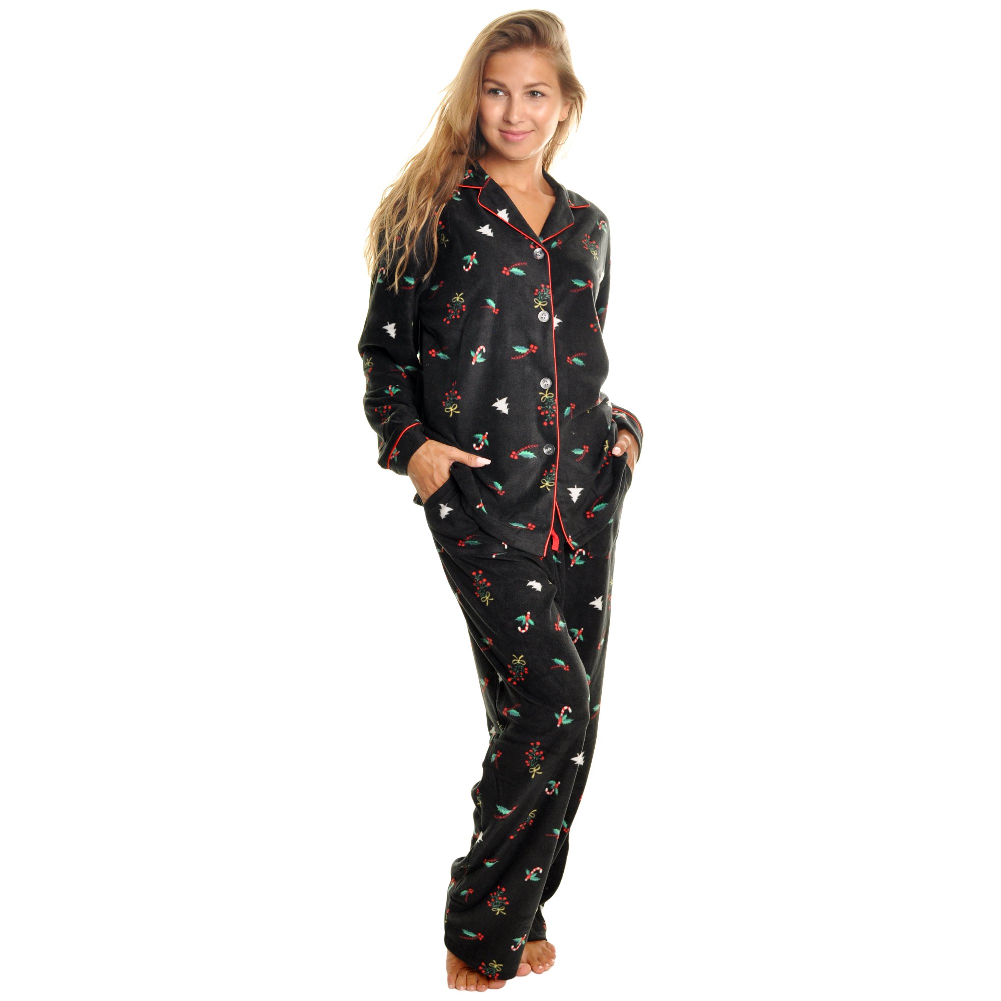 Angelina Women's Cozy Fleece Pajama Set - Notch Collar With Pockets, Coffee Color, Large