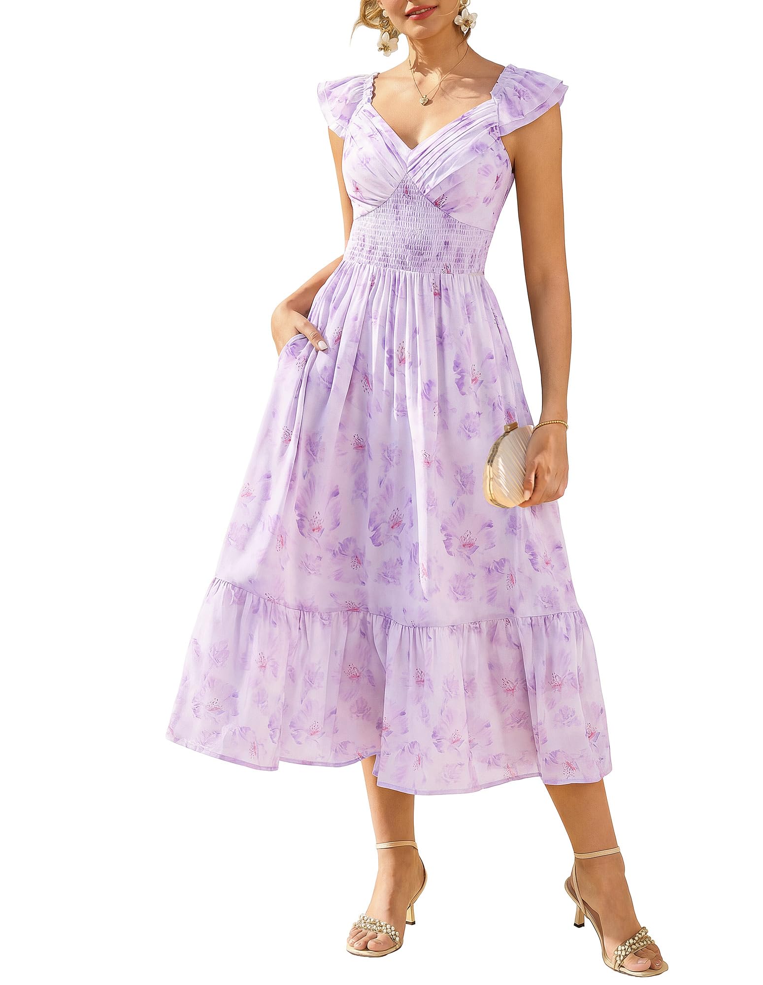 GRACE KARIN Damen Elegant Blumenkleid, Rüschenärmel V-Ausschnitt Kleid Damen Sommer mit Tasche, Sommerkleid Damen Leicht Strandkleid