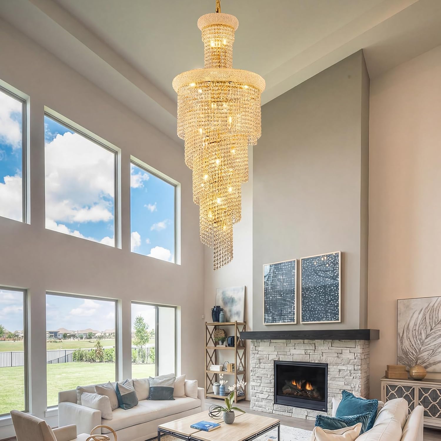 21-Light Spiral Crystal Chandelier Gold Finish for High Ceiling Foyer Entryway Living Room Staircase 60'' H X 22'' W X 22'' D