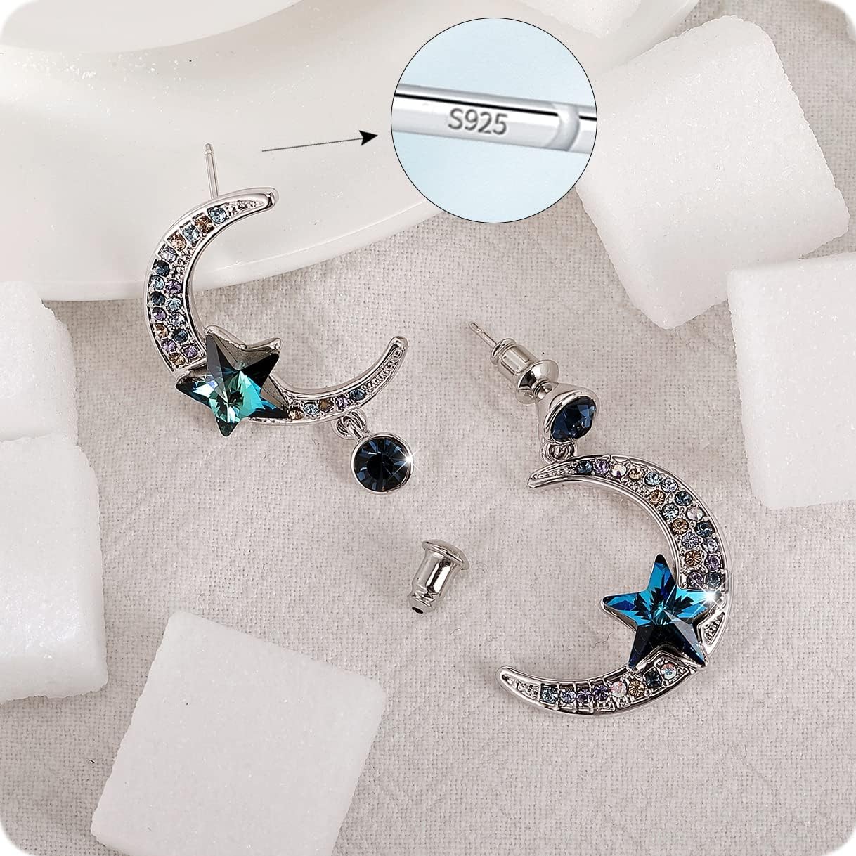 گوشواره قطره ای ماه ریچاپکس گوشواره منگوله ای آویزان نامتقارن با گل میخ طلا و جواهر ماه ستاره میکرو زیبایی گوشواره آبی زنانه